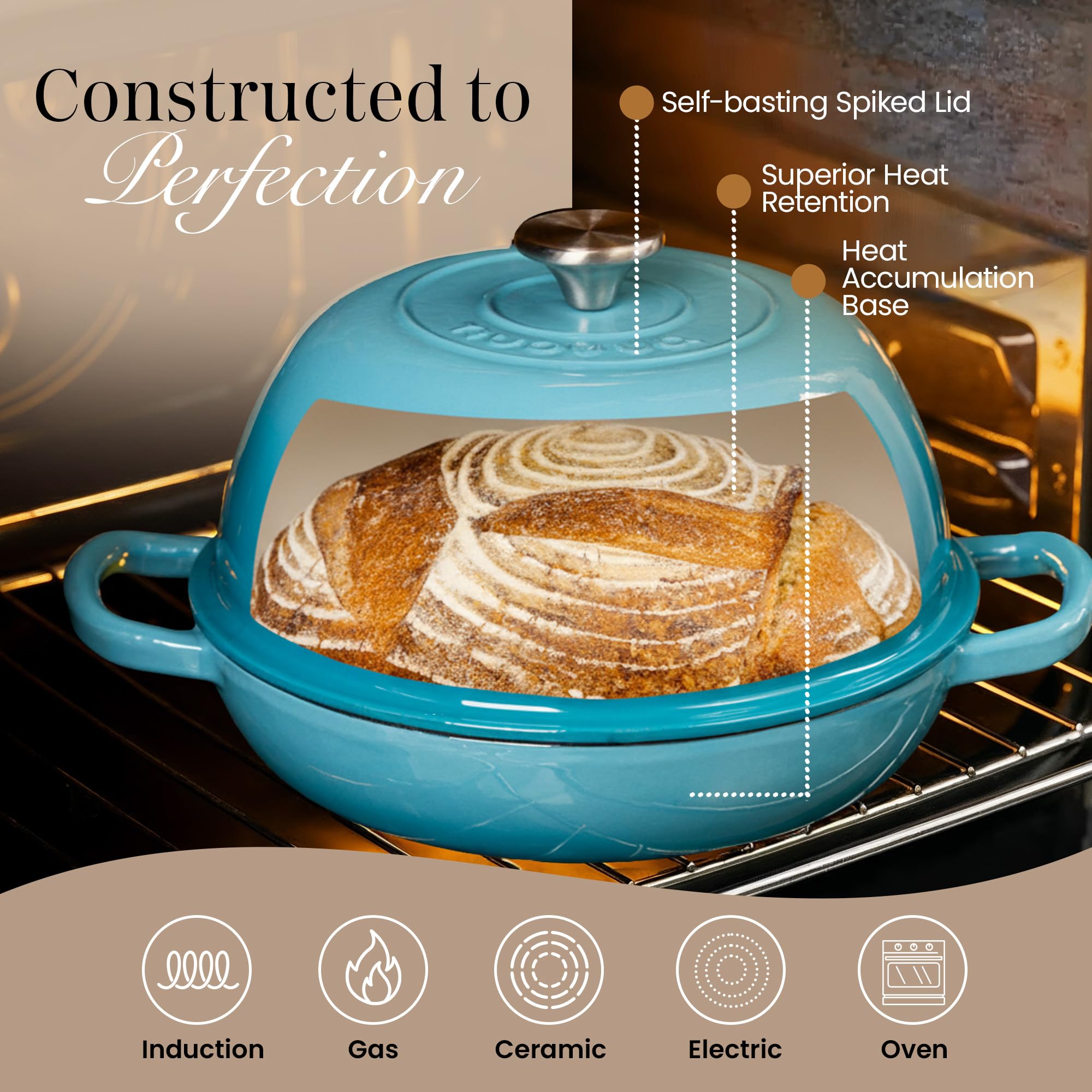 Casseruola in Ghisa Smaltata con Coperchio – Forno Olandese per Pane e Lievitati – Pentola in Ghisa per Cottura del Pane – Blu Chiaro, 5.68 Litri, 22cm – by Nuovva