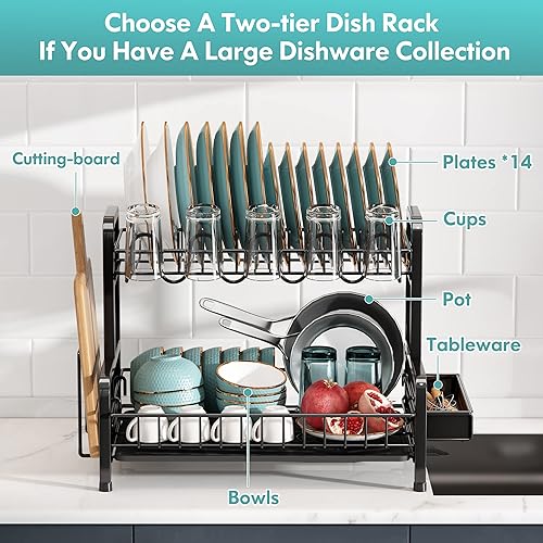 Miniatura 9 de BOOSINY 2 Tier Dish Drying Rack for Kitchen Counter, Large Dish Dryer Rack for Saving Space, Stainless Steel Dish Drainers with Cutlery Holder, Cup