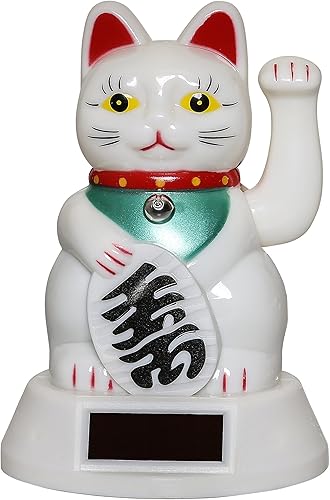 amlong Plus japoneses Maneki Neko (Fortune Cat Lucky Cat Brazo, alimentada por energía solar, color blanco