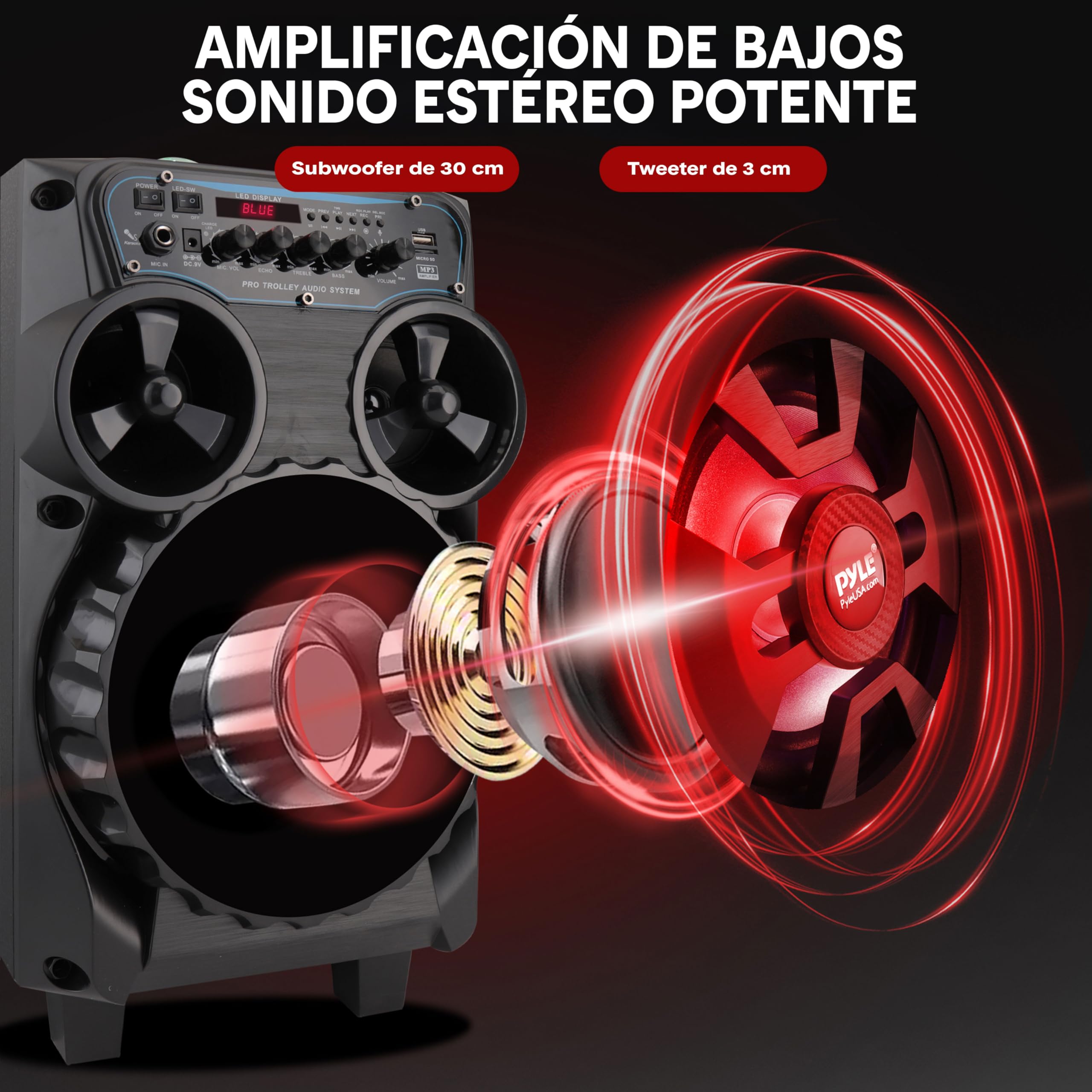 Pyle Altavoz Bluetooth Portátil, 580W, Karaoke con 2 Micrófonos Inalámbricos, Sistema PA Recargable, Luces LED, Trolley con Ruedas, USB SD FM AUX, 20 cm