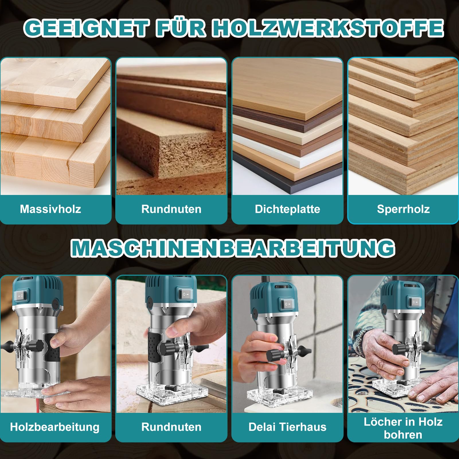 Einhandfräse 800W, 30000 U/min Holzfräse Oberfräse, 6,35mm Durchmesser, Hand Fräsmaschine mit 6 Variable Geschwindigkeite, Kantenfräse für Holz, mit 15 Stück Fräser Set