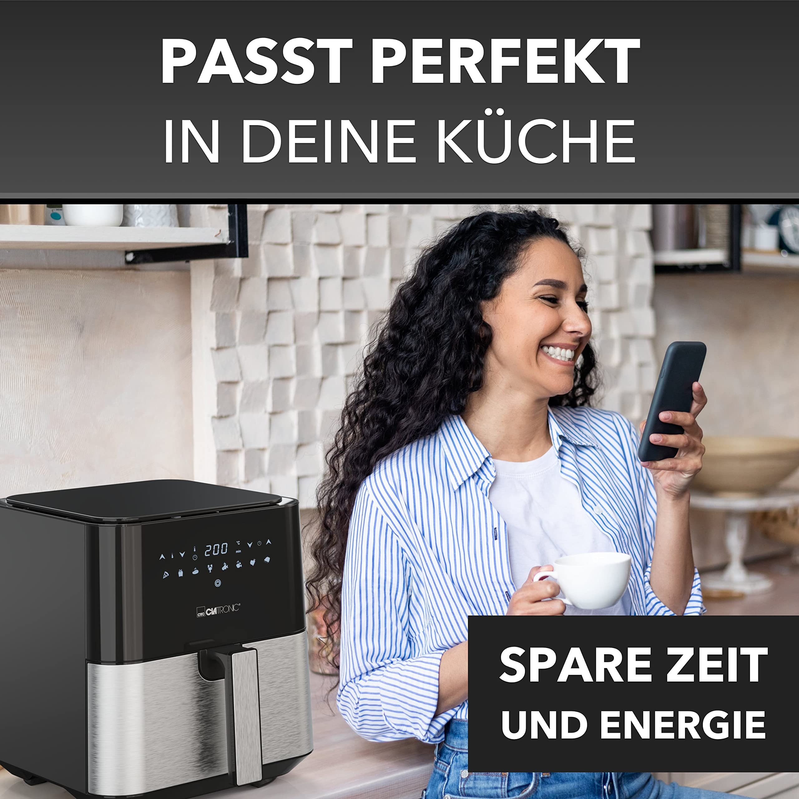 Clatronic® Hot Air Fryer XXL - Freidora 5L | aire caliente para freír sin grasa | freidora de acero inoxidable con pantalla táctil digital | 360° Air-Flow | con 8 programas | FR 3782 H