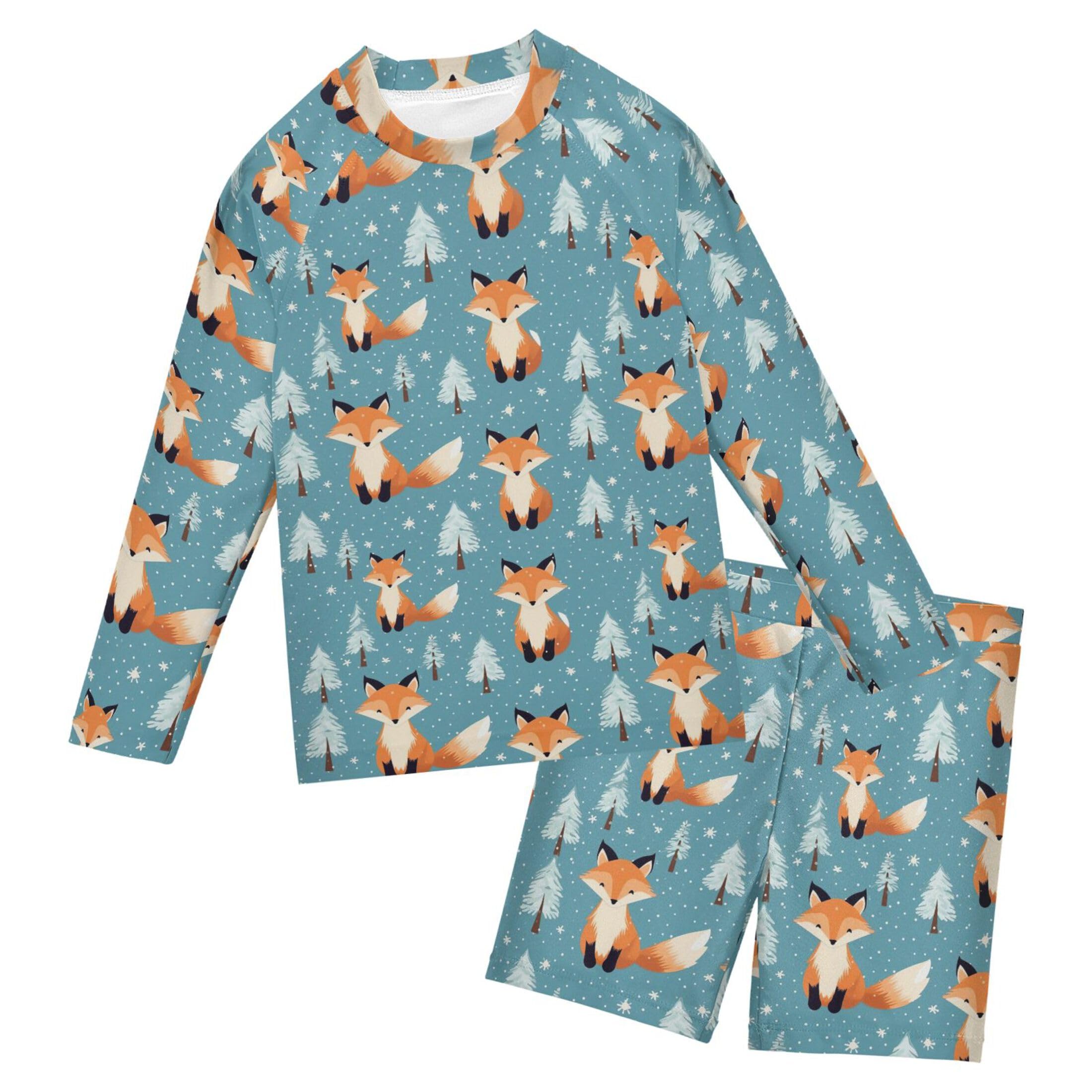 Fox Animal Cute Boys Rash Guard Swimsuits Set for Boys Long Sleeve Swim Shirts Bathing Suits with Trunks B0402781