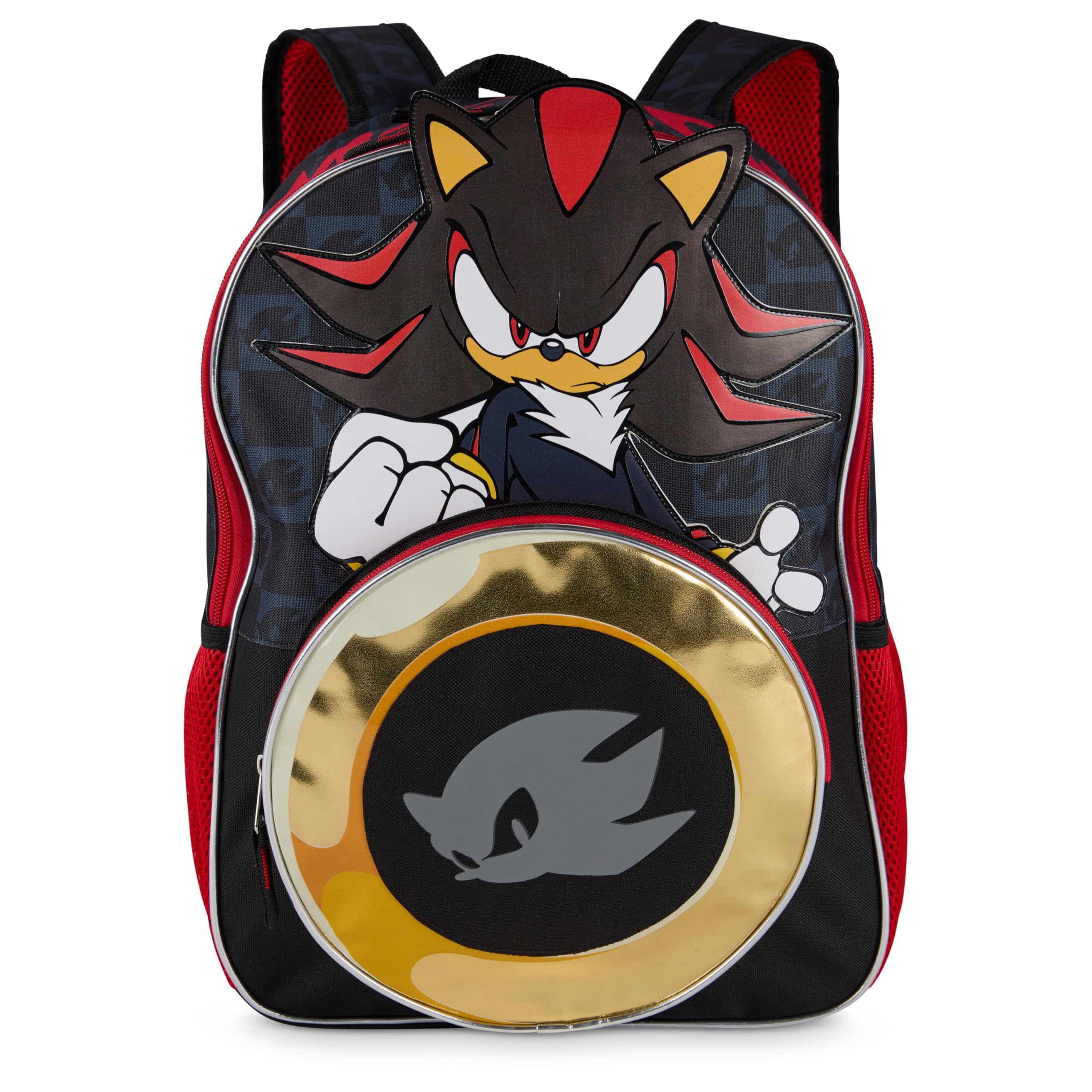 AI ACCESSORY INNOVATIONS Sonic The Hedgehog Backpack for Boys & Girls, Shadow 16 Inch Schoolbag with Die-cut Metallic Gold Ring Pocket, Black