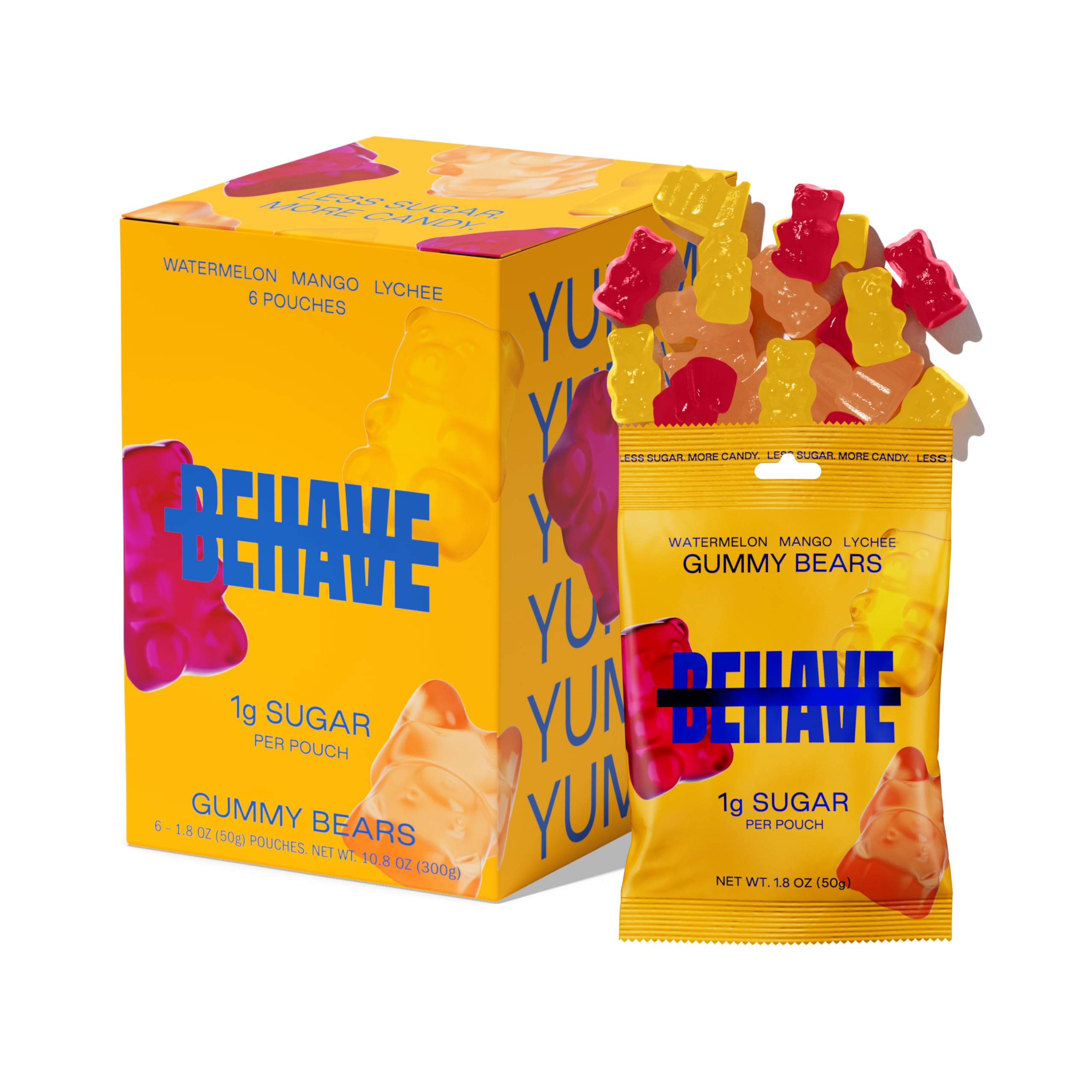 BEHAVE Low Sugar, Low Carb Gummy Candy | Healthy, High in Fiber, Keto & Diabetic Friendly Snack | Non-GMO, Gluten-Free, Dairy-Free, No Artificial Flavors or Sweeteners | Sweet Bears, 1.8oz (6-Pack)