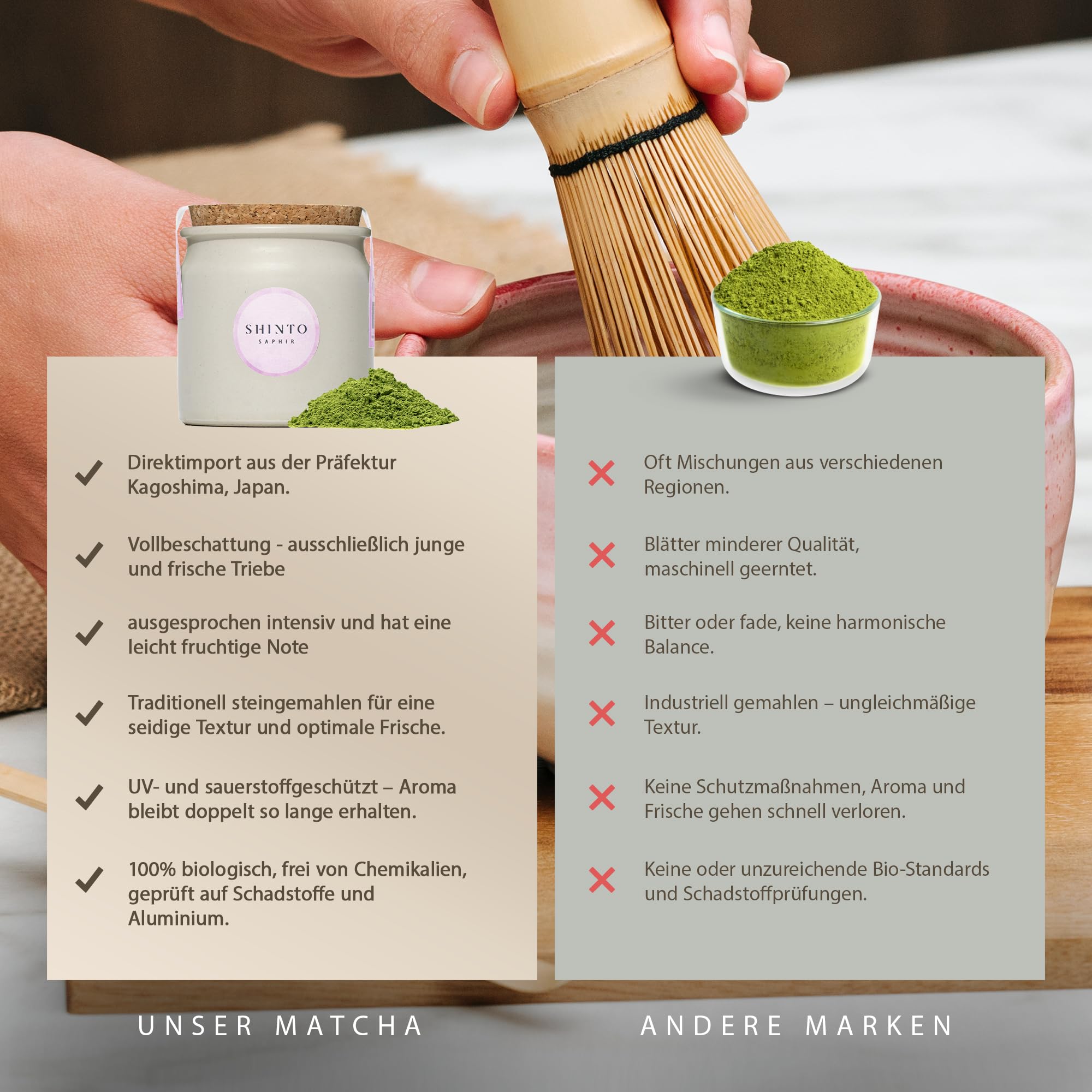 Matcha Tee Probierset von Shinto - JAS & EU BIO zertifiziert - Grün- & Schwarz-Tee Matcha Auslese - 3x30g in wiederverwendbaren Tongefäßen - Direktimport aus Uji Japan