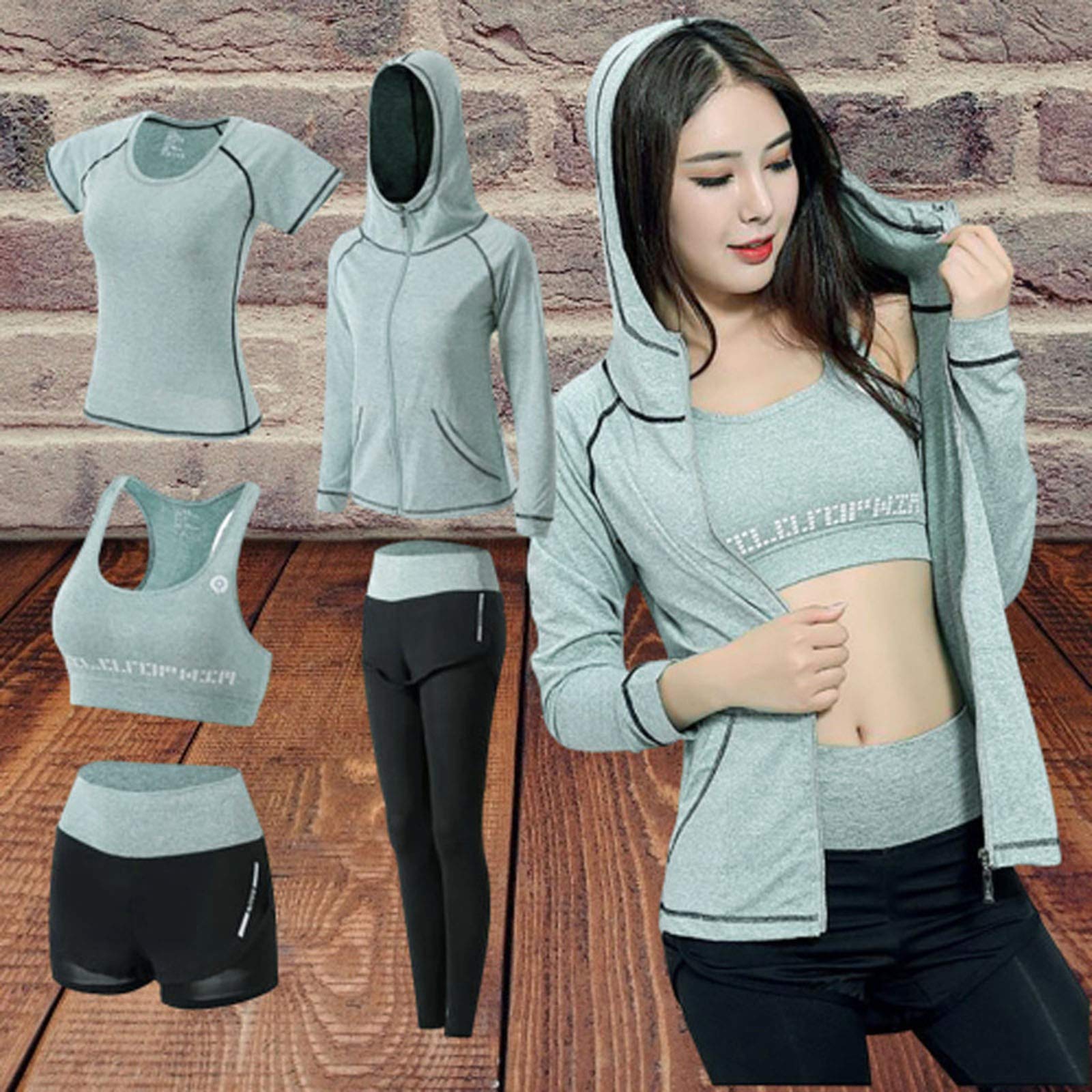 5 PCS Nahtlose Gym Sportbekleidungsset, Yoga Gym Yoga Leggings mit hoher Taille und Sport-BH und Sport-Top
