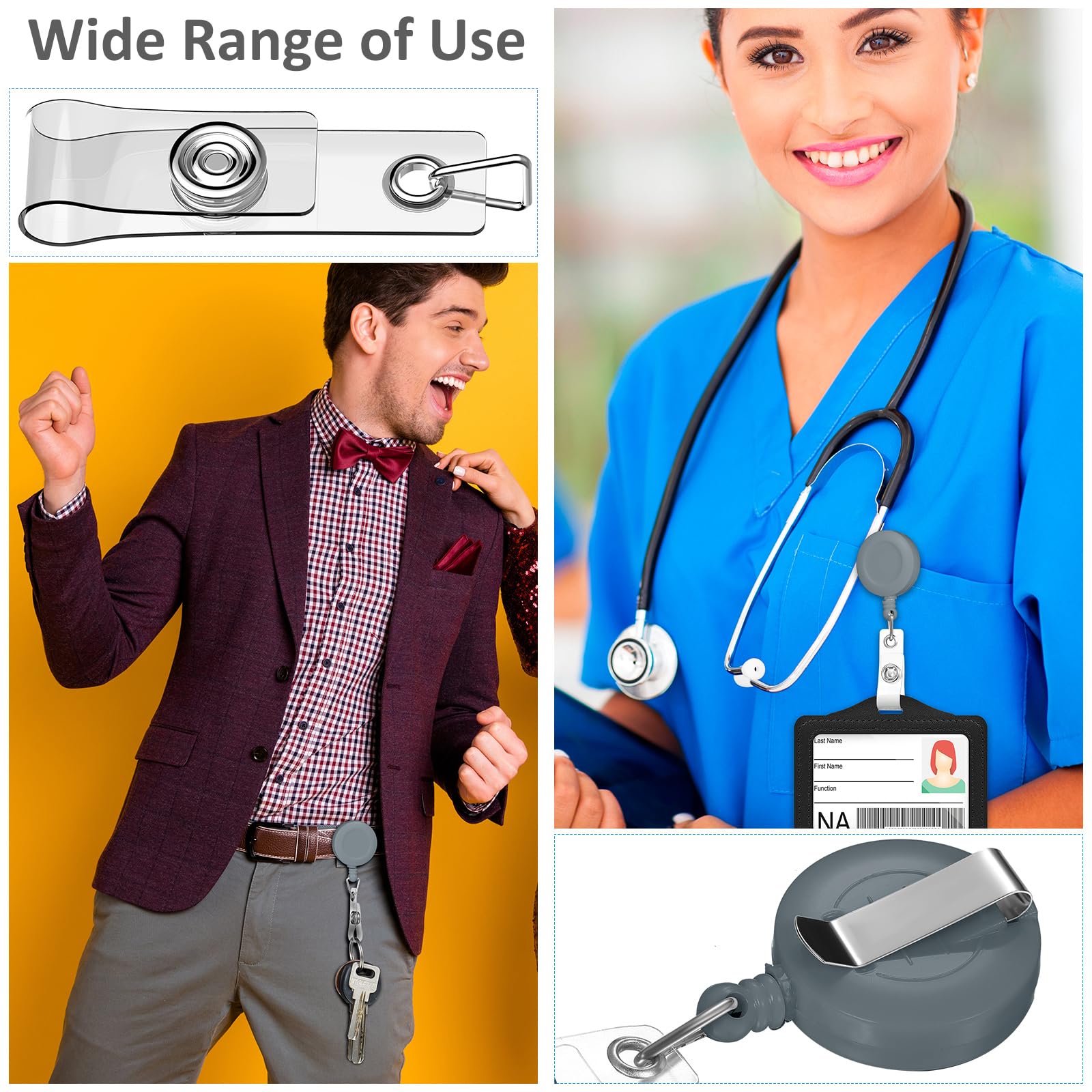 Zonon Lot de 100 porte-badges rétractables avec clip de ceinture en métal pour accrocher des cartes, porte-clés, porte-badges pour infirmières, enseignants, étudiants (gris)