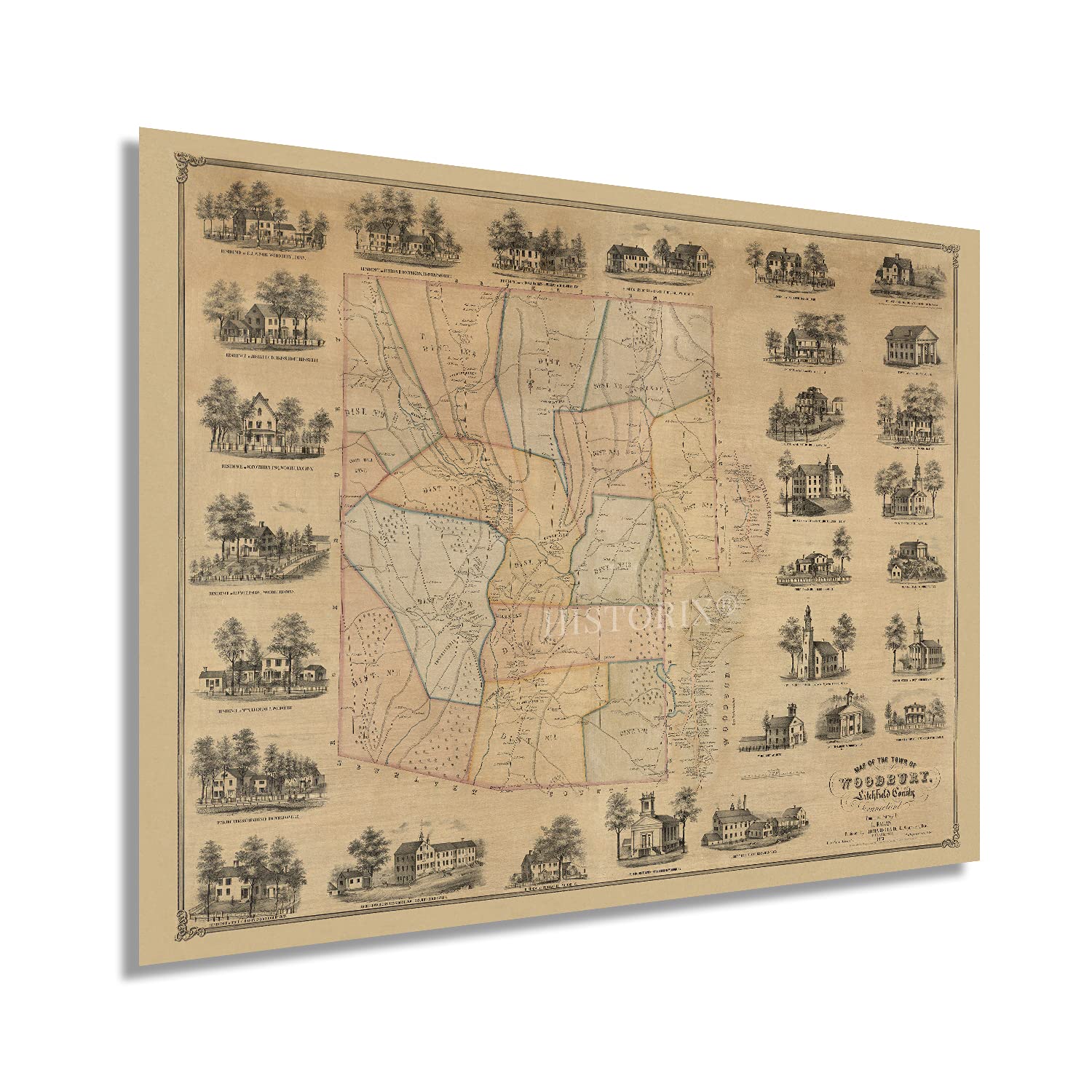 HISTORIX Vintage 1853 Woodbury Town Map 18x24 Inch Vintage Litchfield