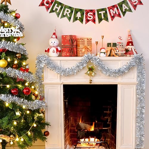 Miniatura 6 de BLEUM CADE Guirnalda de oropel de 32.8 pies, oropel de Navidad plateada, decoración de árbol de Navidad, vacaciones, cumpleaños, bodas, fiestas