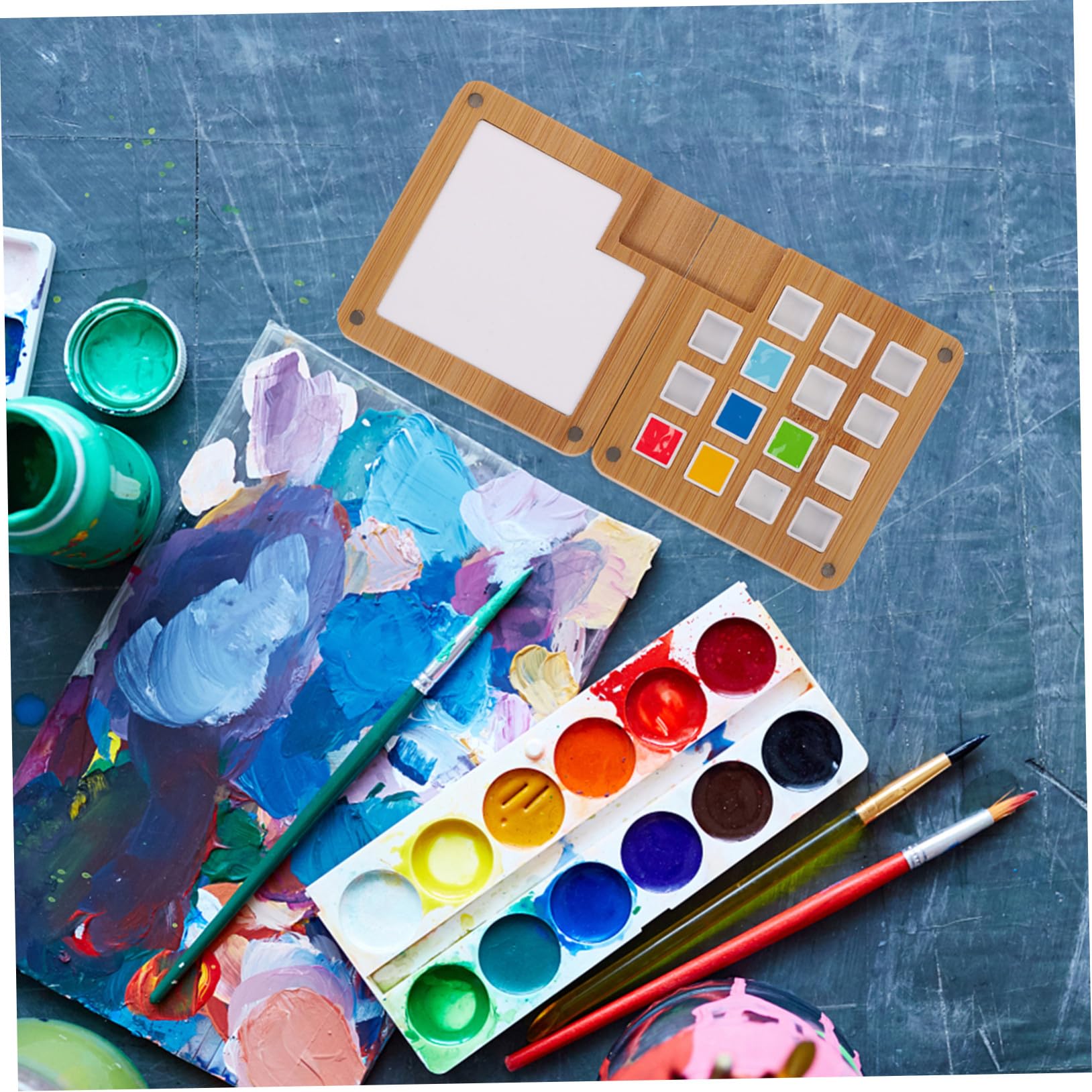 Angoily 3 Stück Tragbare Holz Aquarellfarbe Mischbox mit Fächern Magnetische Pigmentpalette für Künstler DIY Farbmischung Kompakte Wasserfeste Malpalette für Unterwegs