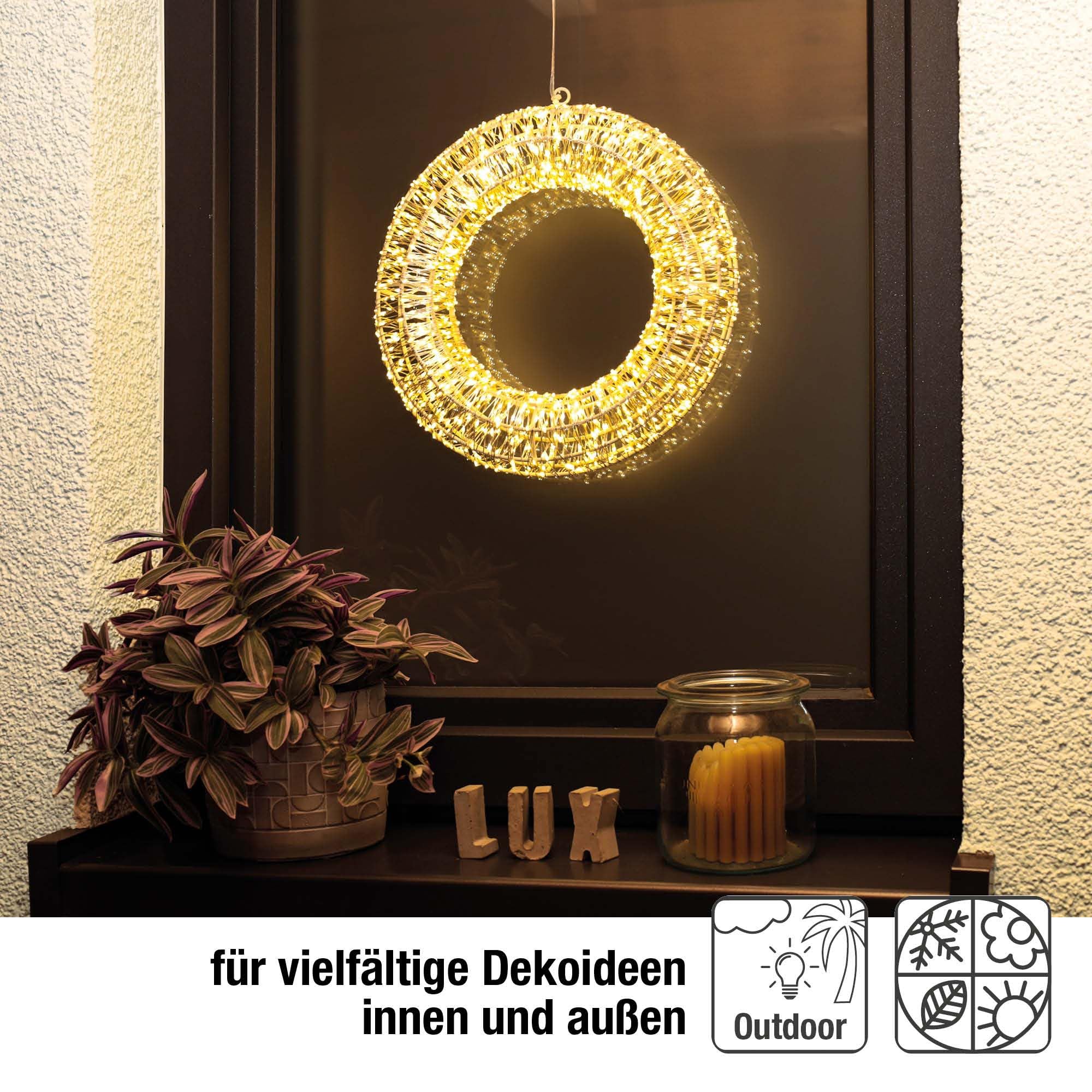 hellum LED Lichterkranz mit Timer Ø30cm, mit Tauperlen LED Lichterkette außen und innen 1440 warmweiße Lichter, Außen-Transformator, Weihnachtsdeko Fenster, Hochzeitsdeko, Gartendeko 153095