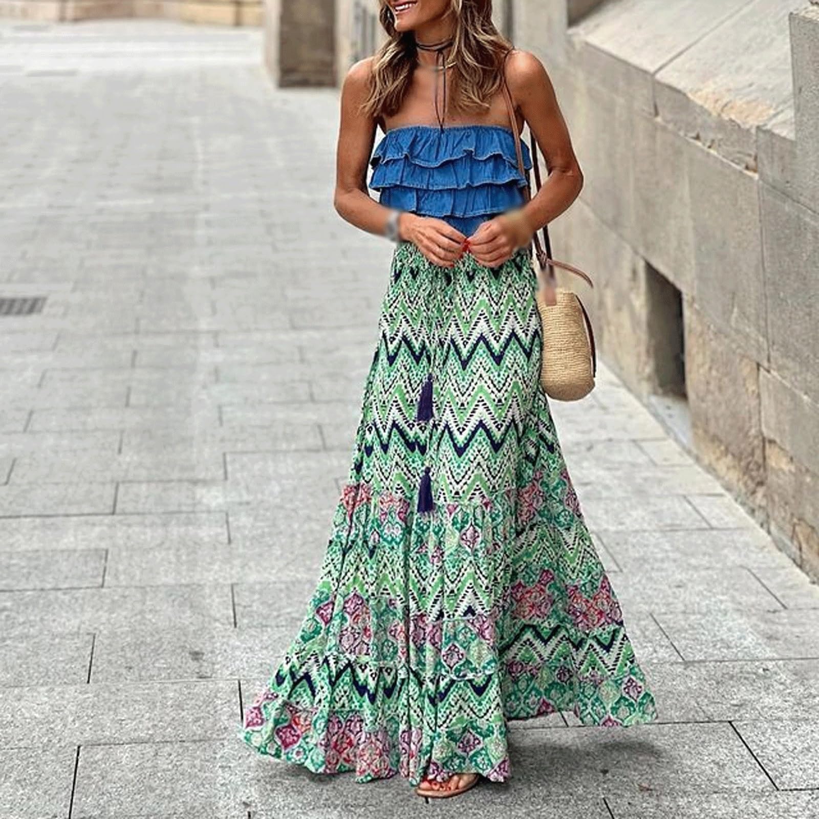 DUddTTW Long Women's Midi Skirt Printed Maxi Skirts Large Hem Long Flowy Skirt High Waisted Ankle Length Skirts Casual Swing Skirt Beach(Gr�n,Lagre)
