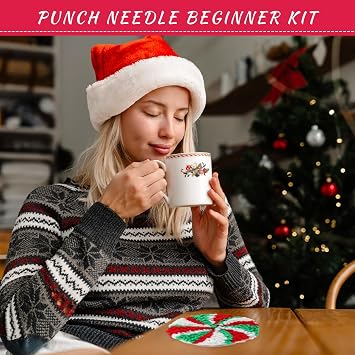 Yaomiao 6 Pcs Christmas Punch Needle Coaster Kit Embroidery Kits Punch Needle Set Craft Supplies with Patterns Yarns Tools Adhesive Felt Embroidery Hoop Instruction Holder for Adult DIY