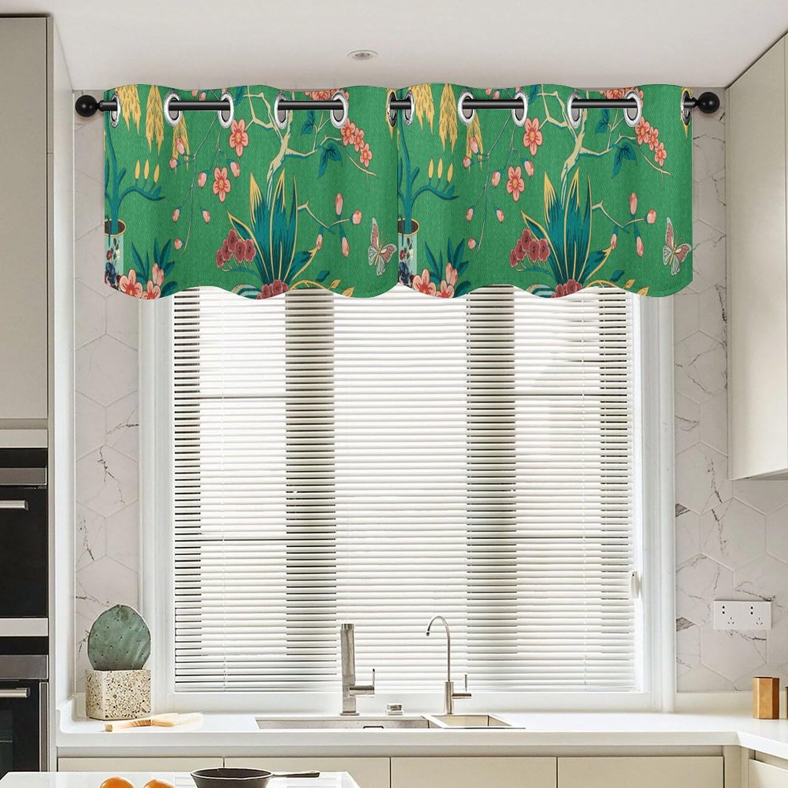 Rideaux de style asiatique filtrant la lumière Ming | Brise-bise vert hydrofuge 132 x 45 cm