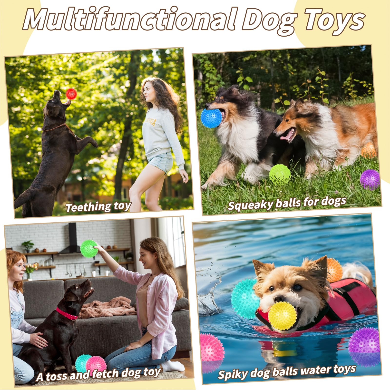 Quietschendes Hundespielzeug, Bälle, stachelige Hundebälle, Kauspielzeug zum Zahnen, langlebig, hohe Sprungkraft, TPR, Apportierspielzeug, 9 Farben, Wasserspielzeug für große, mittelgroße Hunde
