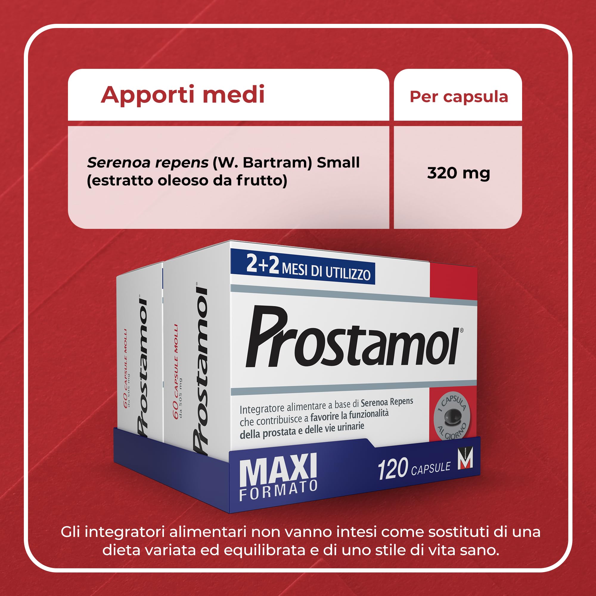 Prostamol 120 Capsule Molli - Integratore Alimentare a base di Serenoa repens (320 mg) per la Funzionalità della Prostata e delle Vie Urinarie. Senza Glutine. Naturalmente privo di lattosio.