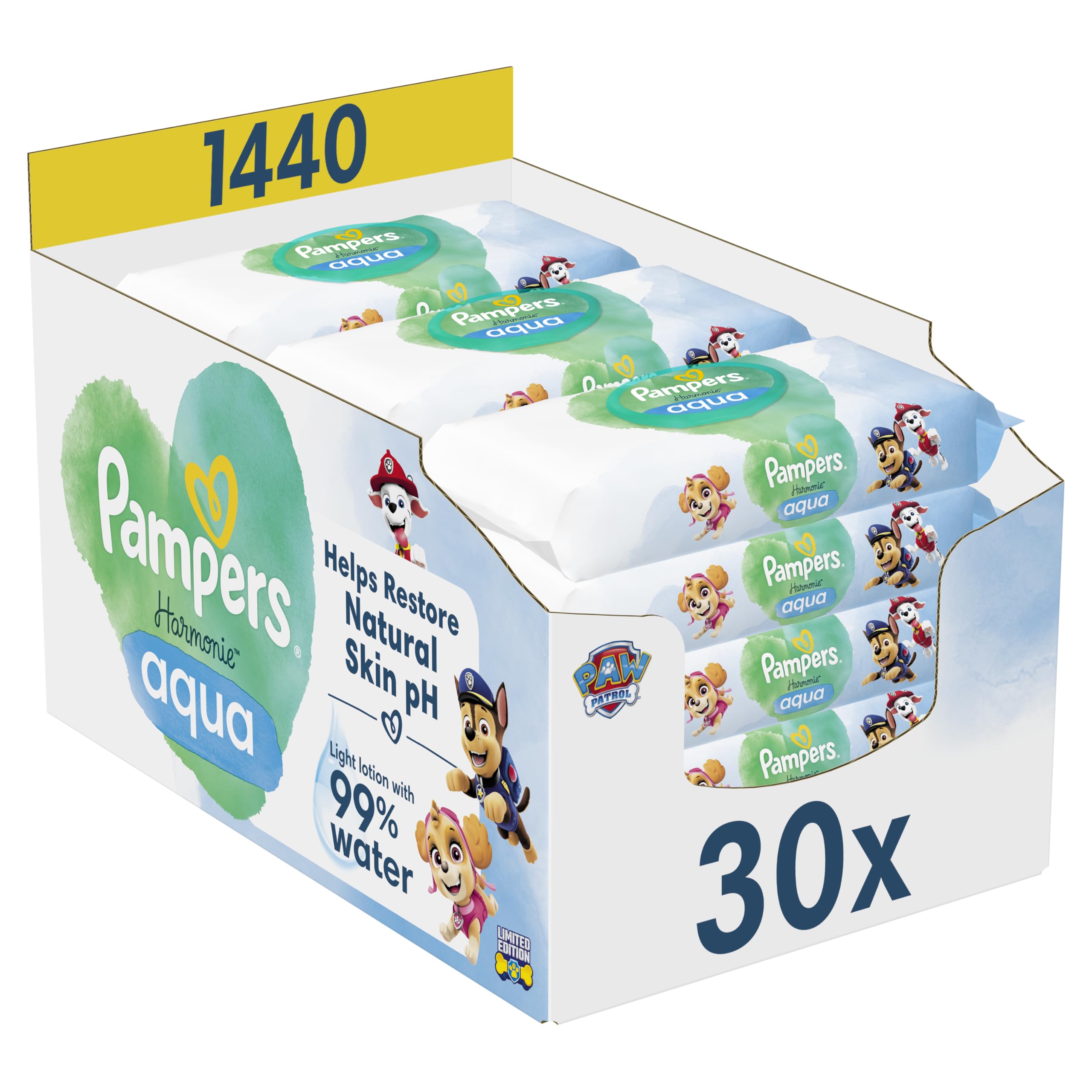 Pampers Harmonie Aqua Baby-Feuchttücher Paw Patrol, 1440 Tücher (30x48 Stück), helfen, den natürlichen pH-Wert der Haut wiederherzustellen, leichte Lotion mit 99 Prozent Wasser
