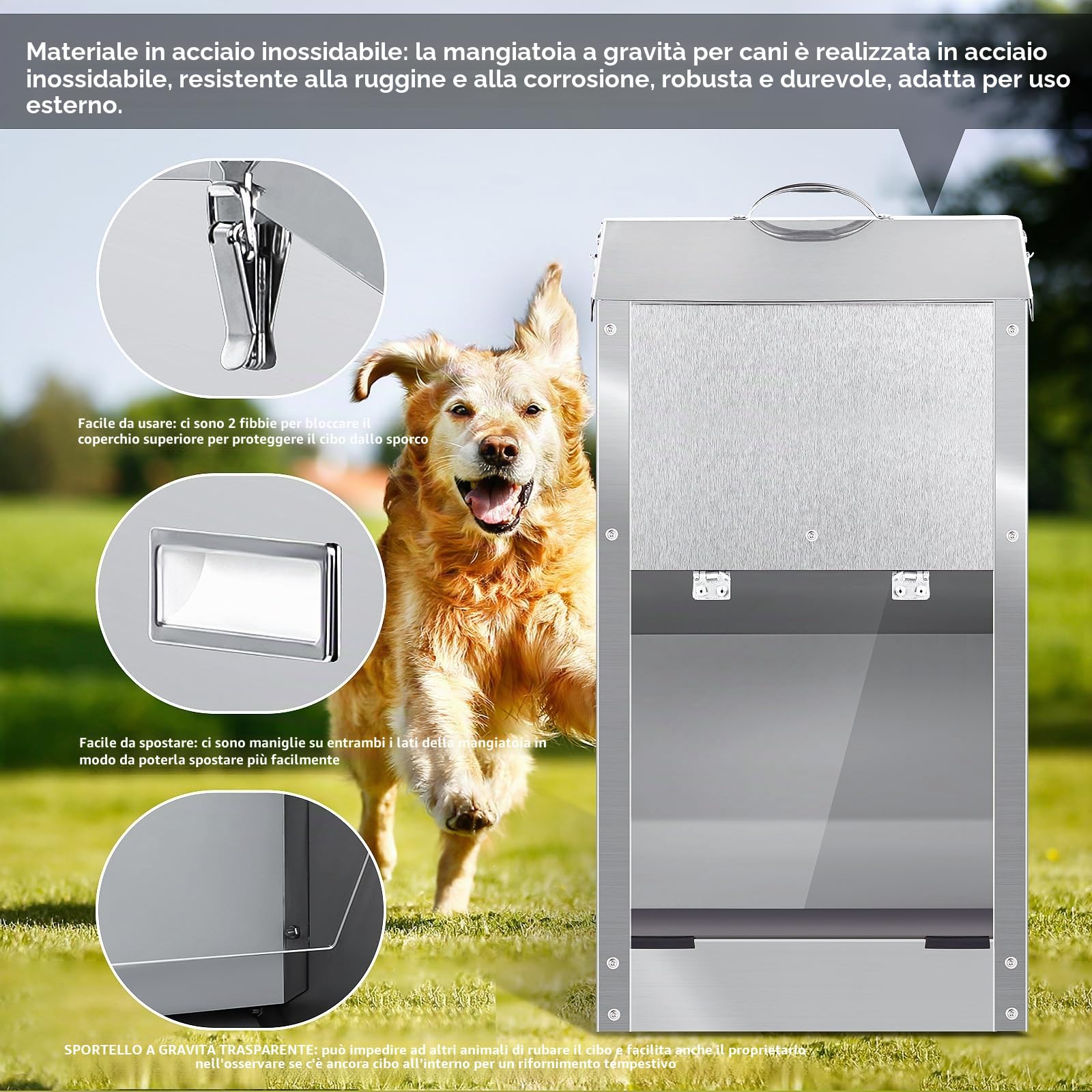 Mangiatoia Automatica per Cani, Mangiatoia per Cani All'Aperto a Gravità di Razza Grande 11Kg Grande Capacità in Acciaio Inox Mangiatoia Automatica a Gravità per Cucciolo, Gatti