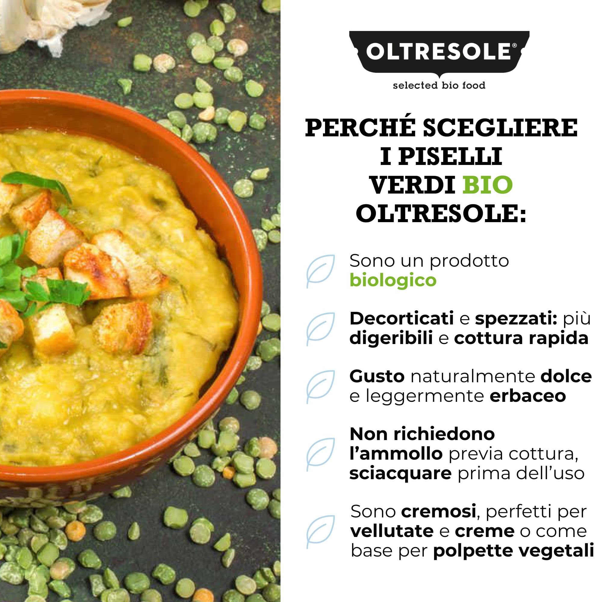 Oltresole, Pois verts fendus biologiques 1 kg, Légumineuses sèches décortiquées et fendues biologiques, pas de trempage nécessaire, source de protéines, idéal pour les soupes, Ideal Family Pack