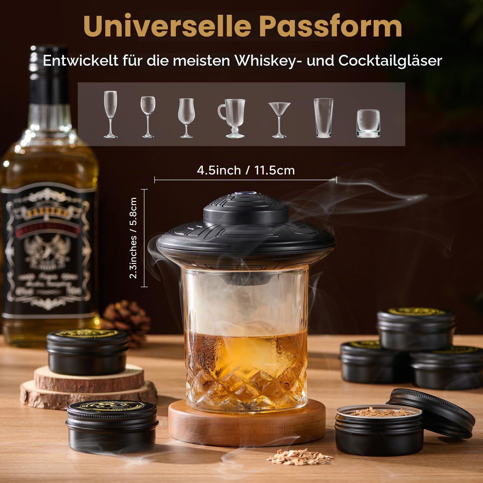 ComboJoy Elektrisches Whisky-Räucherkit mit LED, 6 Aromaholzspäne, Whisky-Glas & Eisform, wiederaufladbarer Cocktail-Räucheraufsatz – Bourbon Geschenk für Männer, Vater & Ehemann, Schwarz