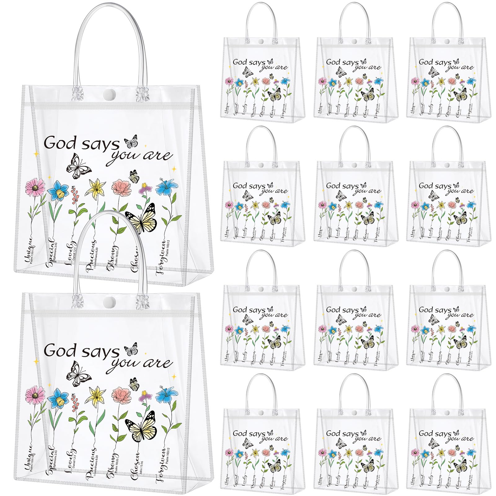 Dansydaisy 20 Pcs Christian Gift Bags with handle God Says You Are Bible Verse Floral Clear PVC Goodie Candy Treat Tote Bags for Religious Faith Spiritual Baptism Christmas Themed Party Supplies