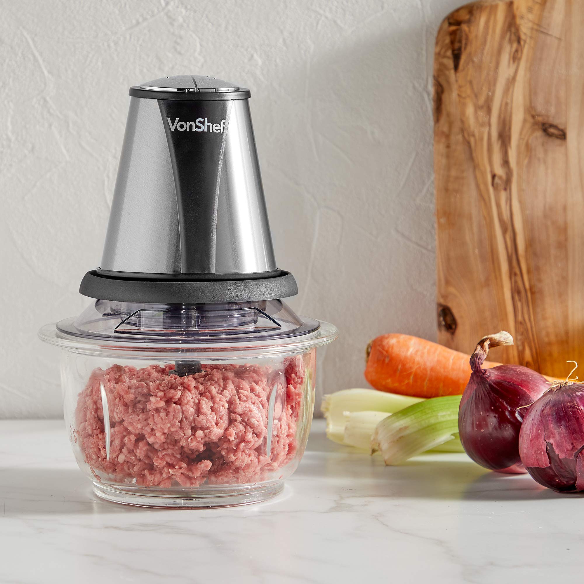 VonShef Mini Picadora Eléctrica - Rápida y Eficiente con 2 Niveles de Velocidad y Recipiente de Vidrio de 1.2L para Hacer Puré y Mezclar Ensaladas, Sopas, Salsas, Alimentos para Bebés y Frutas