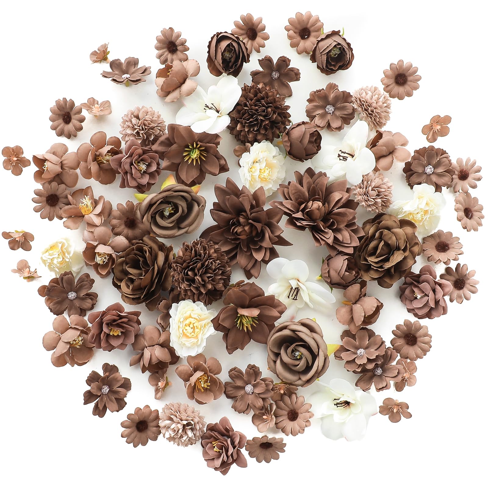 Photo 1 of Floroom Mini Artificial Flower Heads Brown & Taupe Fake Peony Daisy Rose Multicolor Small Faux Silk Flower Heads for Cake Craft Garland Wedding Party Graduation Cap DIY Home Decoration, 0.8"-3.6"