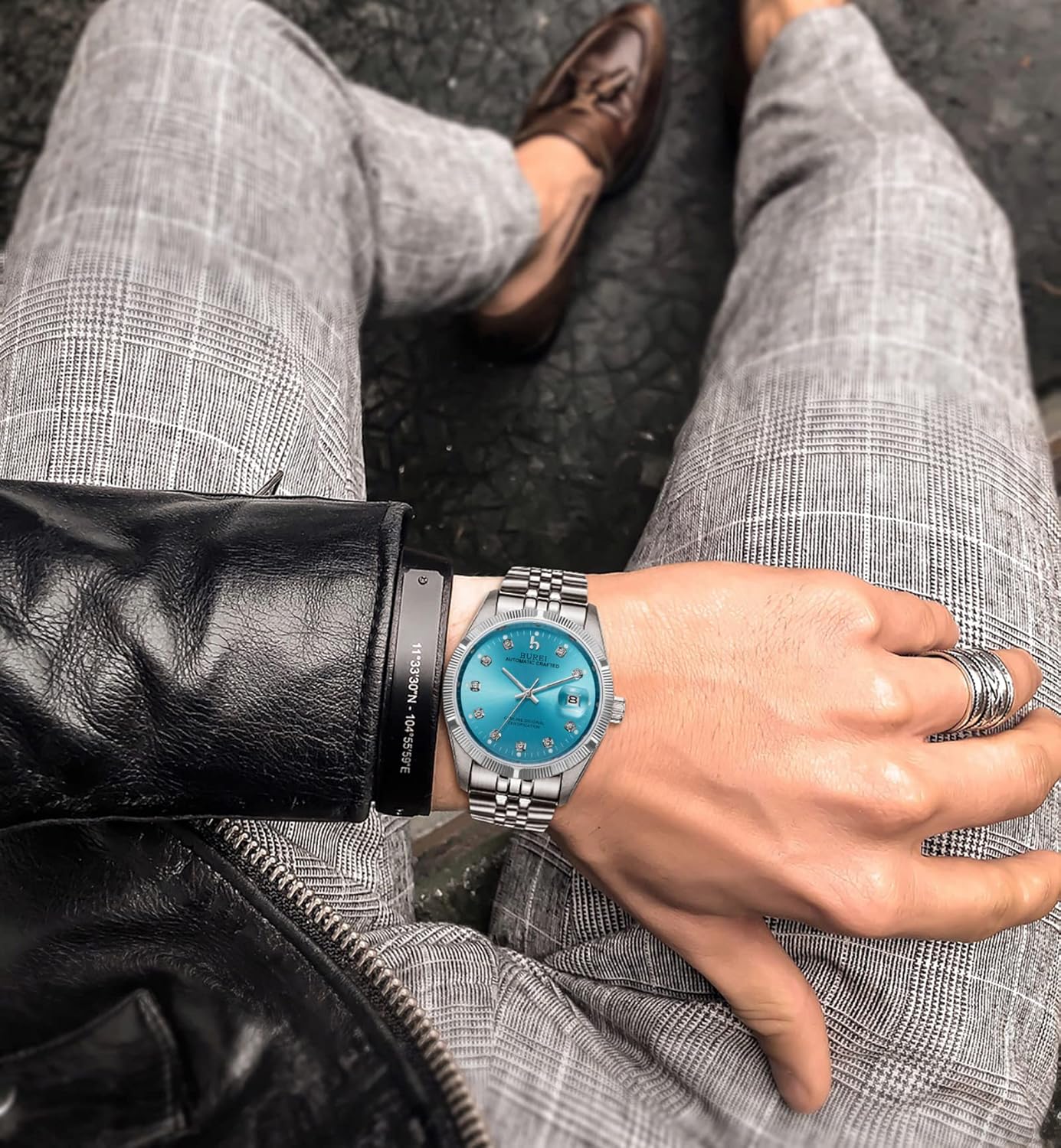 BUREI Orologio da polso automatico da uomo Lente in zaffiro sintetico antigraffio con quadrante dorato e cinturino in acciaio inossidabile bicolore BUREI Orologio da polso automatico da uomo Lente in zaffiro sintetico antigraffio con quadrante dorato e cinturino in acciaio inossidabile bicolore