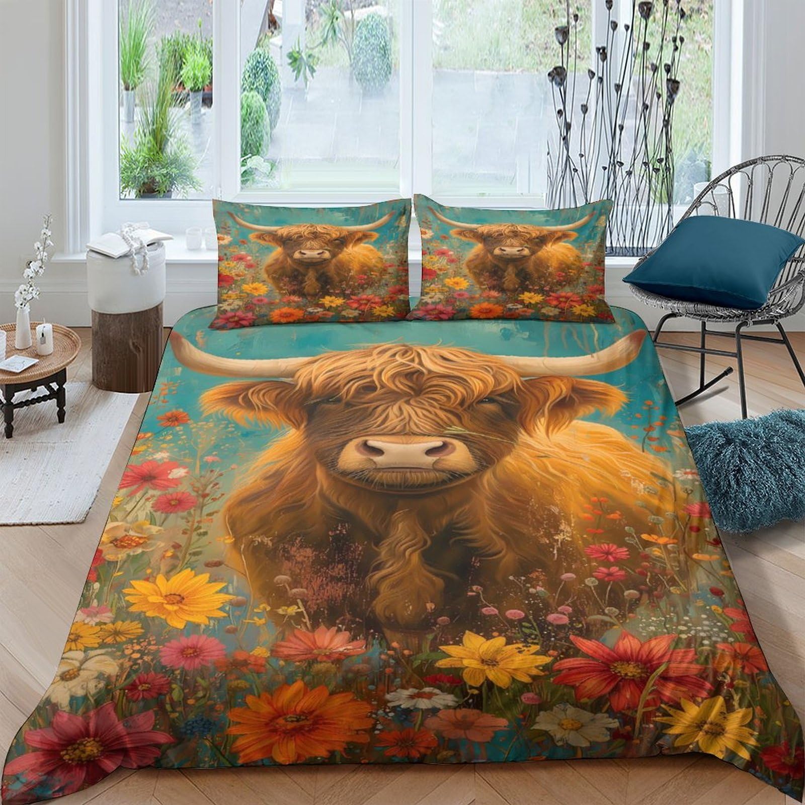 Ctjqhvkz Style-5 3D Printed Highland Cow Fitted Sheet Microfiber Floral Meadow Bed Cover, Anti-Slip, Machine Washable, Bedroom Decor Single（135X200cm）