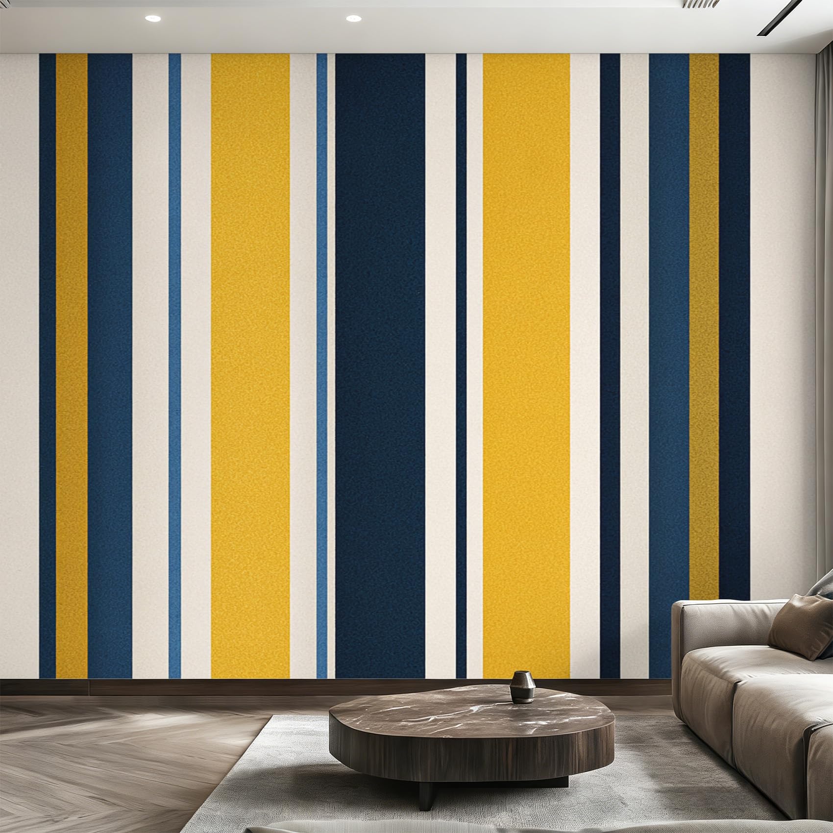 Papier peint panoramique intissé pour agrandir un salon avec des rayures