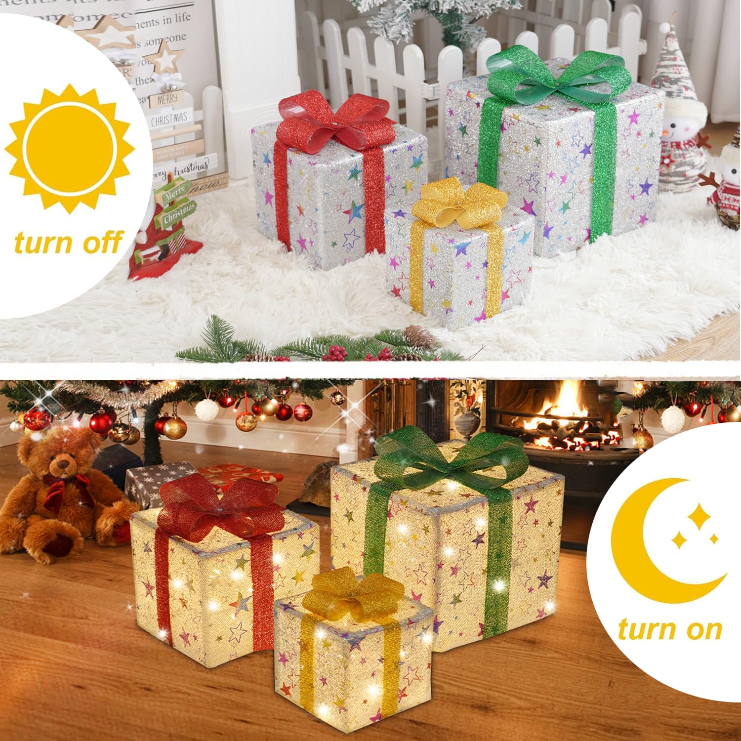 Juego de 3 Ramadan Decoracion, 50 LED Cajas de Regalo Ramadán con Luces, 8 Modos Cajas de Regalo Decorativo Estrellas con Control Temporizador, Interior para Árbol de Ramadán IP44