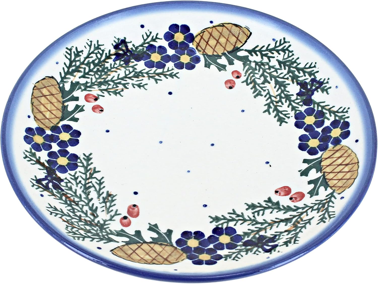 Blue Rose Polish Pottery - Brown Pinecone Dessert Plate - 7.5" Diameter - Polish Pottery Dessert Plate, Festive Design for Christmas Tableware