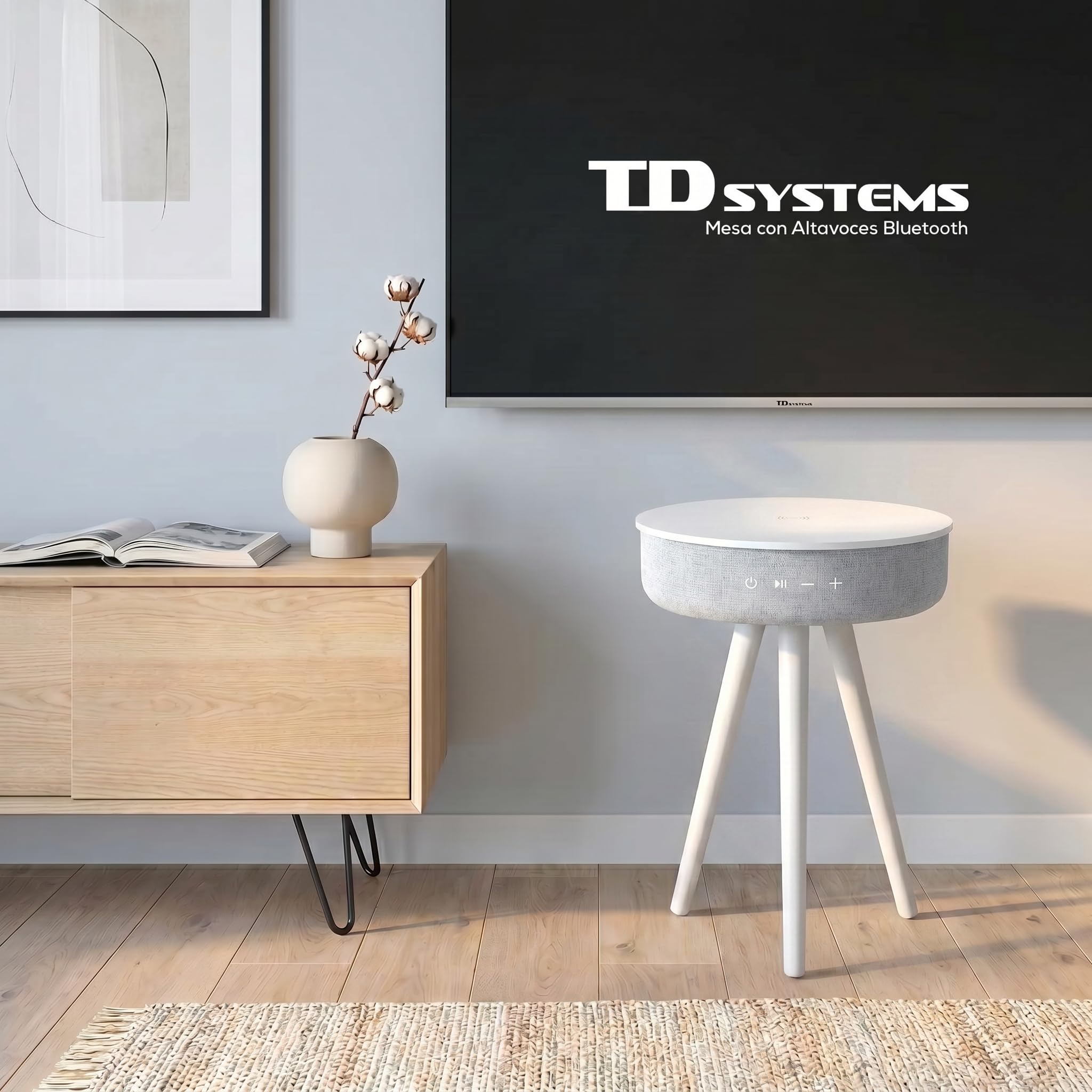 TD Systems - Mesilla Altavoz Bluetooth 30W con Carga Inalámbrica y USB, Mesa Auxiliar con Altavoz Integrado, Batería Recargable, Madera y Lacado Blanco para Salón y Dormitorio | SM30B11WB