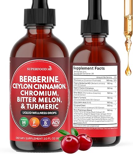Berberina con suplemento de canela de Ceilán gotas líquidas + extracto de melón amargo, glucomanano, gimnasia, cromo, cúrcuma, panax ginseng