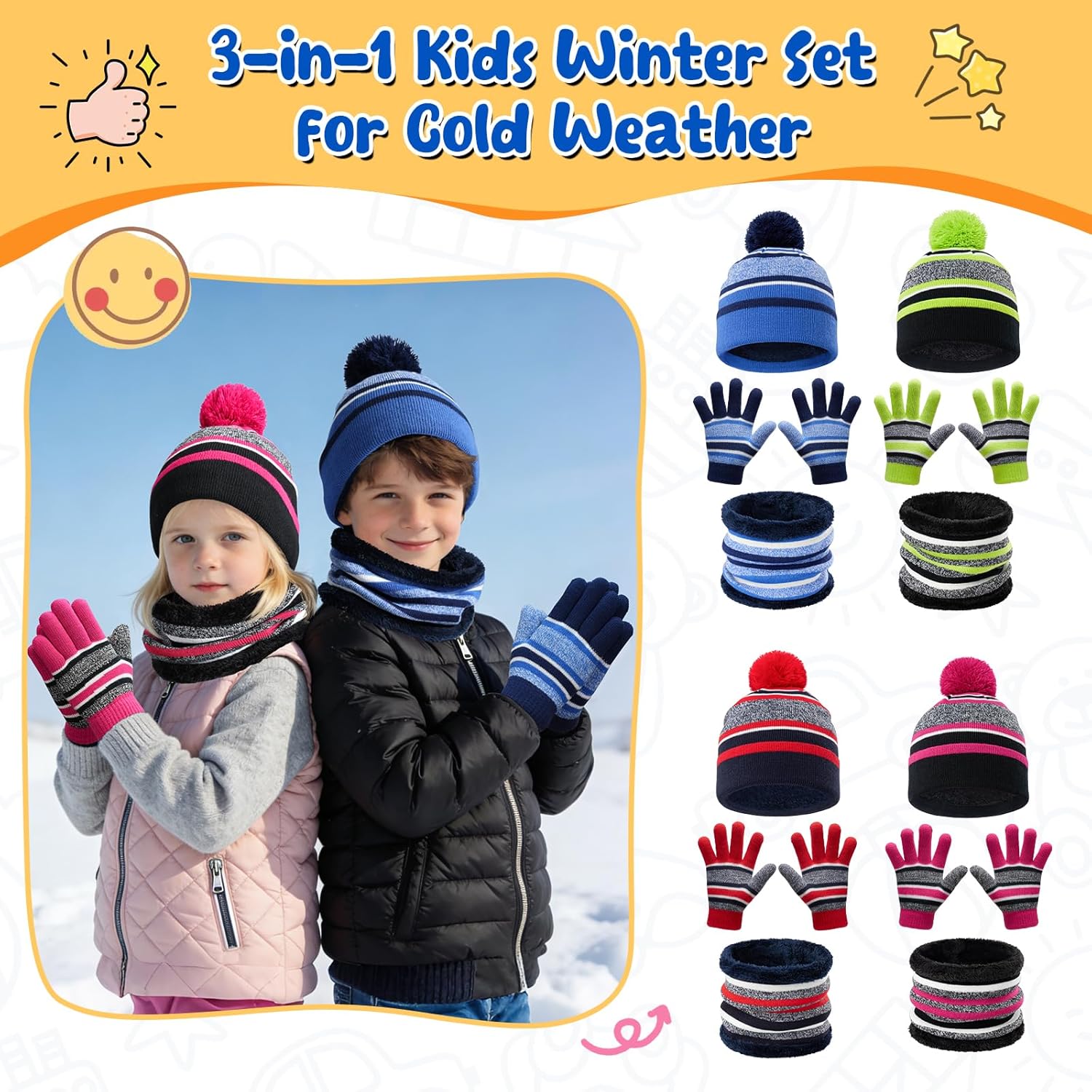 Cierto Kids Winter Hat Gloves Scarf Set Knit Beanie for Boys Girls 3–10 Years Fleece Lined with Cute Pom Pom - Image 7