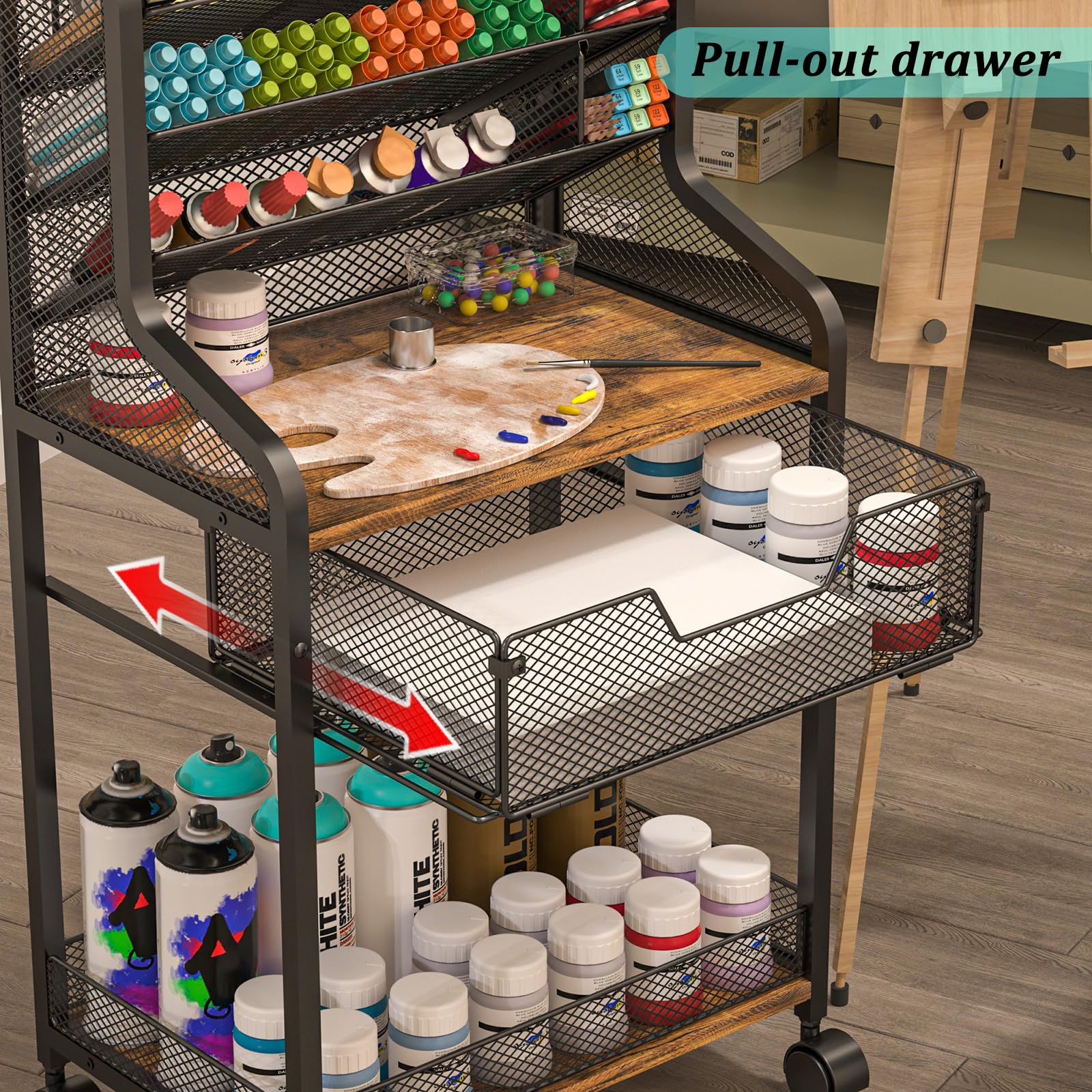 Small Rolling Utility Cart with Drawer, Metal Craft Storage Cart with Lockable Wheel, Versatile Art Organizer with 6 Tiers & Removable Dividers for Drawing Room, Store Paint & Artifact, Patent Pending