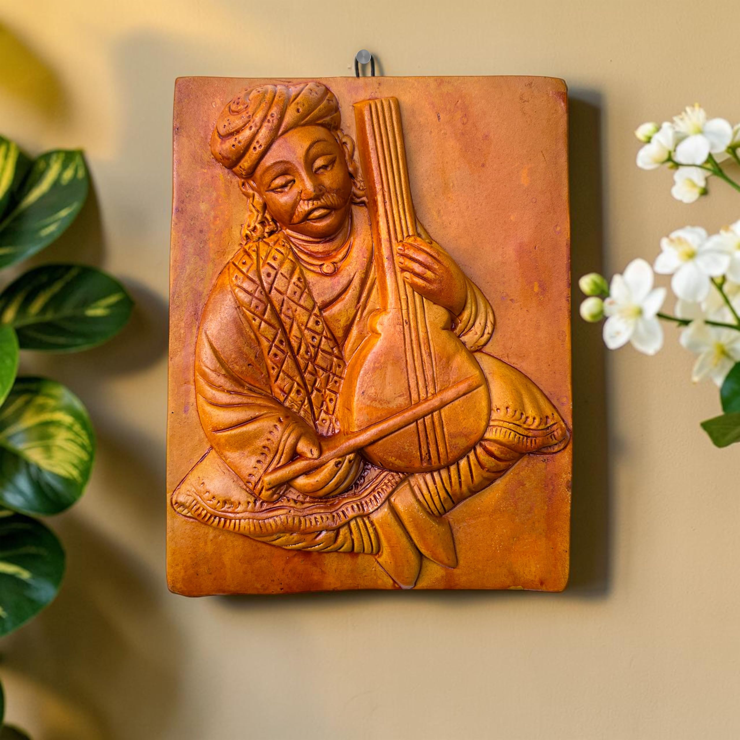 rajasthani musical folk art terracotta wall decor | rajasthani wall art | rustic ethnic folk musician wall hanging decor for home, living room, office, hallway decoration|sarangi (20 x 15 cm)