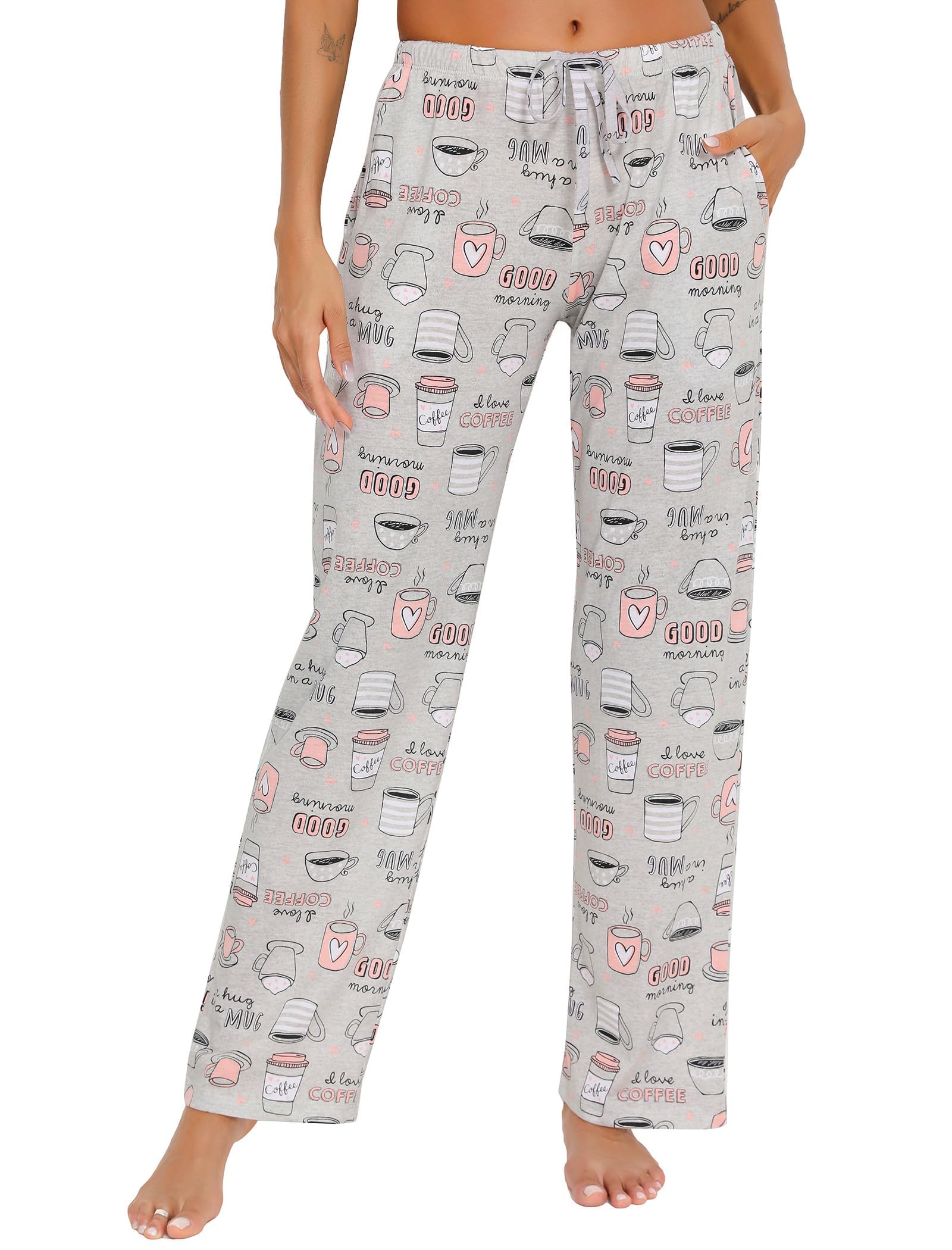 ENJOYNIGHT Pantalones de pijama cómodos de algodón para mujer, con bolsillos y cordón