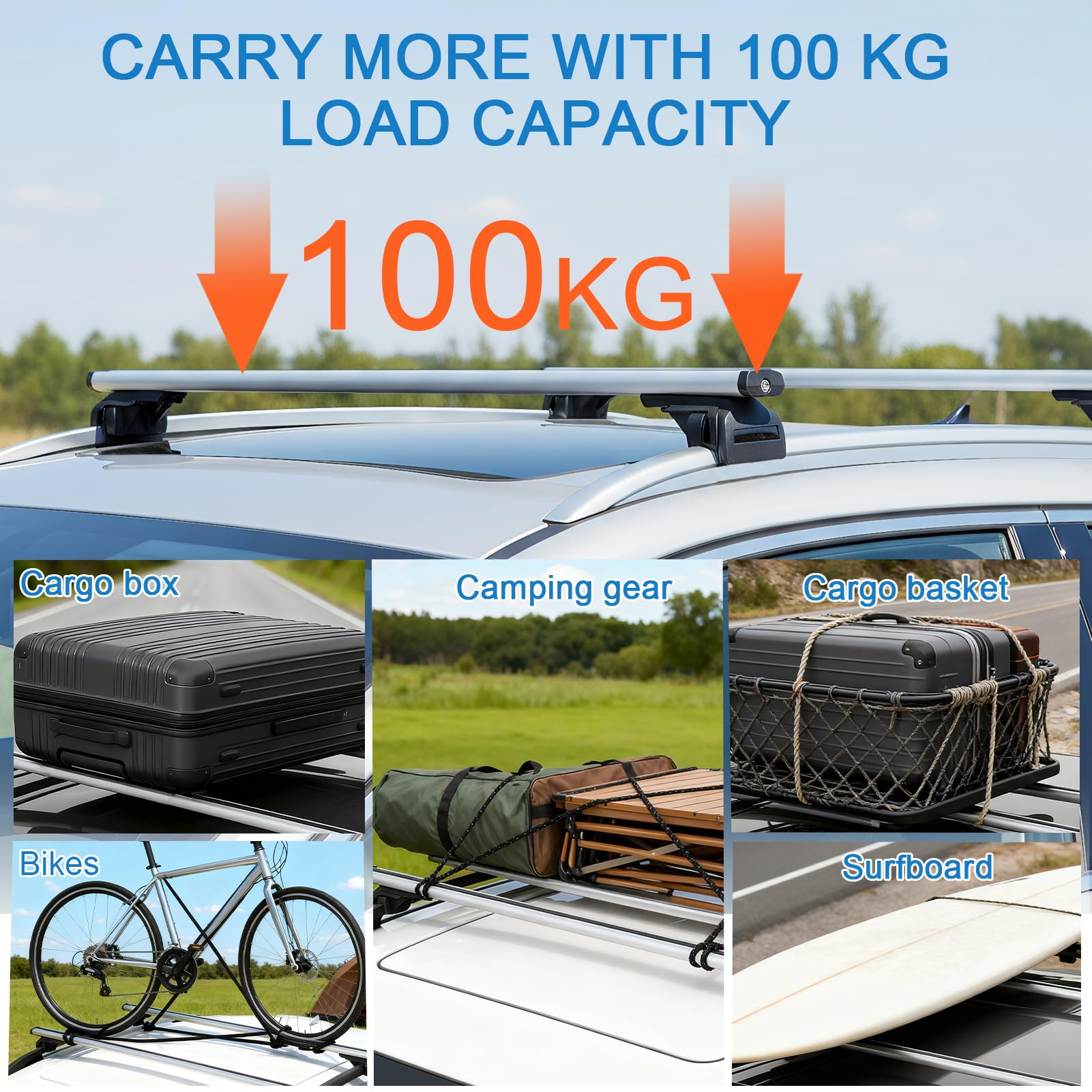 47,2" Barras Transversales Ajustables, Capacidad Carga 100kg, Baca Coche Universal Aluminio con Dispositivos Antirrobo, Portaequipajes para SUV con Rieles Laterales Elevados