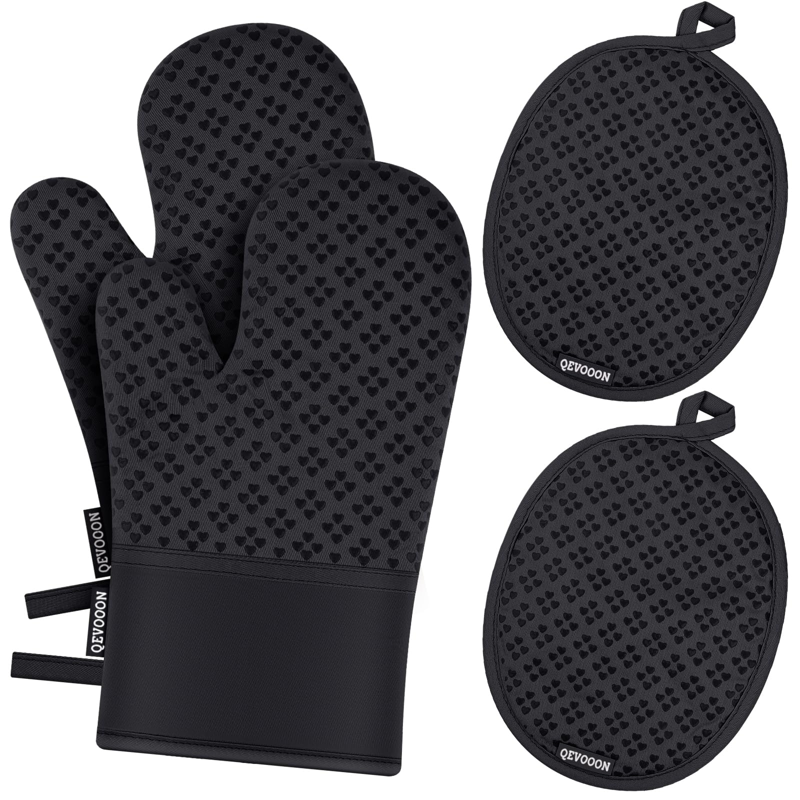 Lot De 4 Maniques Et Gants De Cuisine En Coton épais - Résistance à La Chaleur (jusqu'à 260°C) - 30,5 Cm - Noir