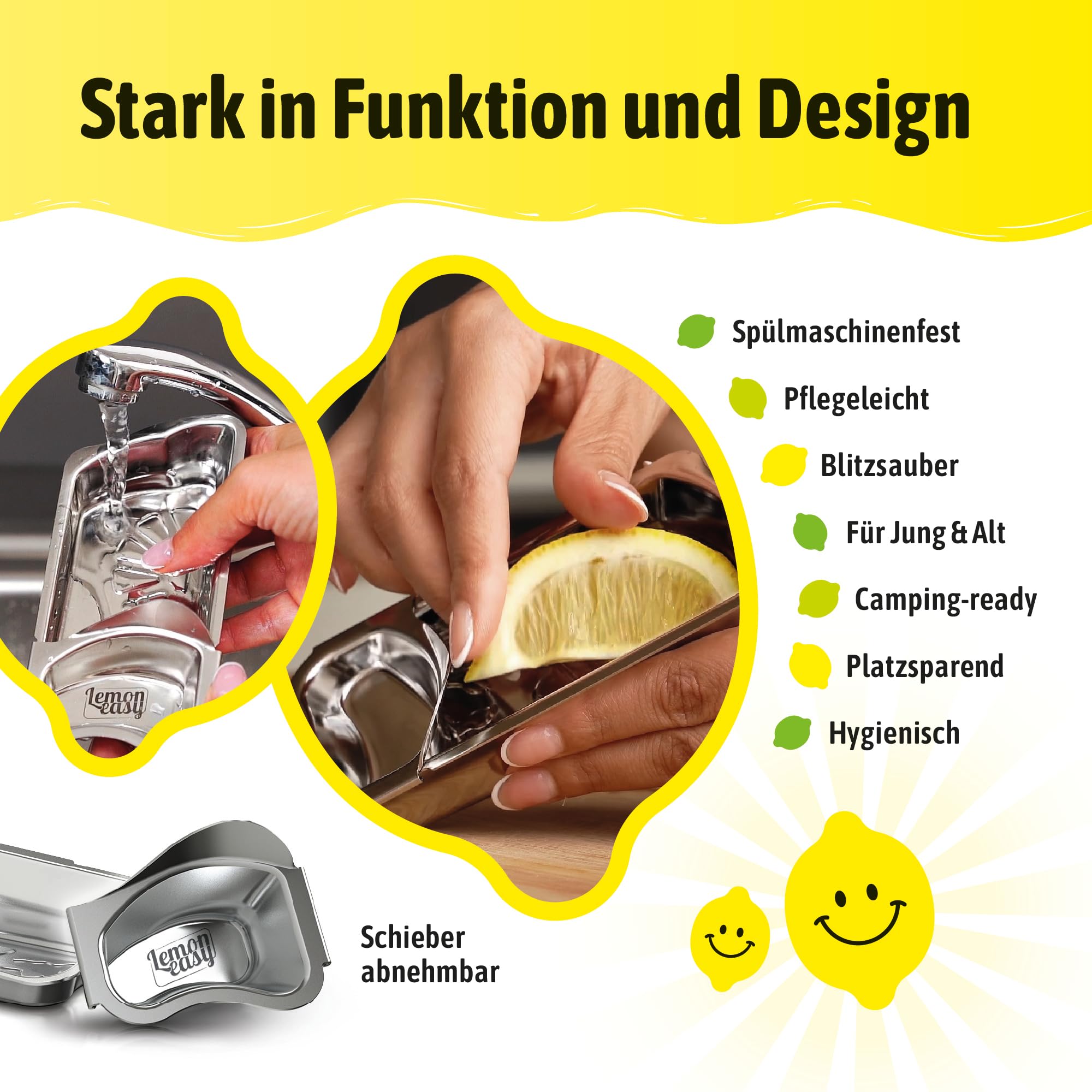 PLUS - Spremiagrumi in acciaio inox, prodotto in Germania, spingere invece di spremere per la massima resa di succo - lavabile in lavastoviglie, igienico ed ergonomico