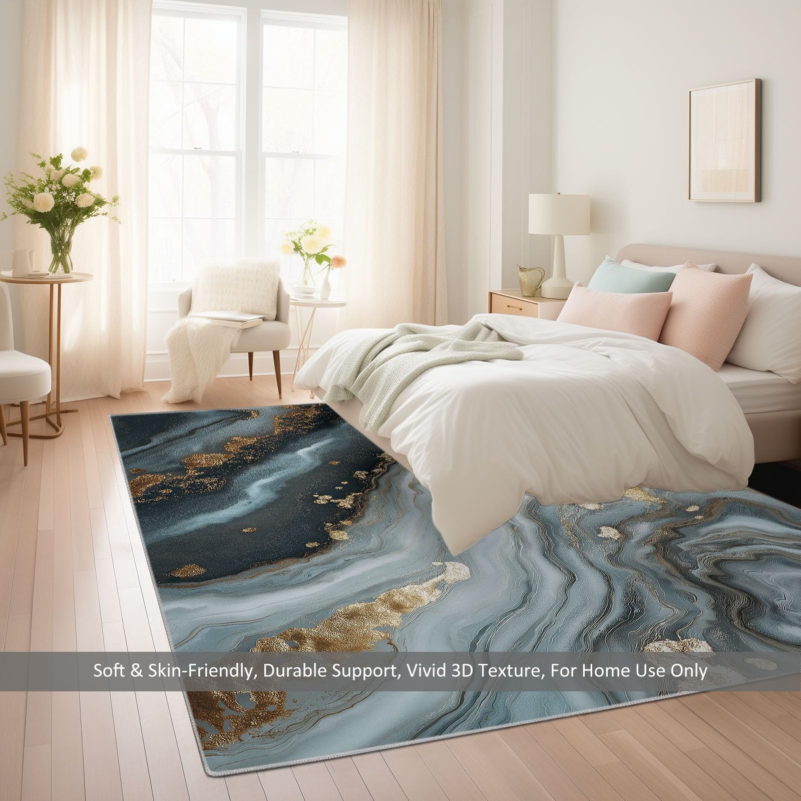 Luksusowy marmurowy dywan z teksturą złota, 180 x 240 cm, podwójna ochrona antypoślizgowa, z 4 narożnymi uchwytami, zmywalny i chłonny dywan z niskim runem do pokoju rodzinnego i głównej sypialni
