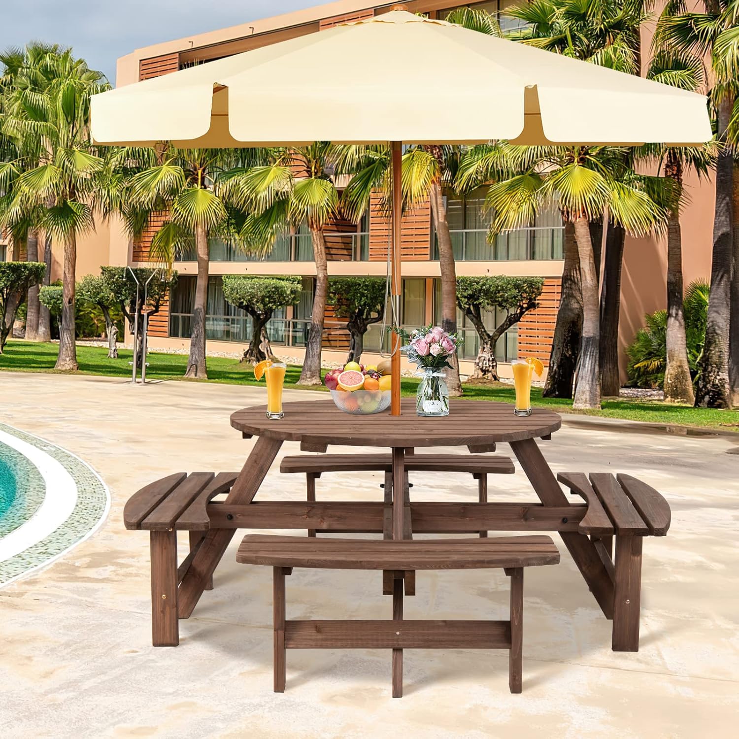 GLACER 8 Person Wooden Picnic Table, Outdoor Round Patio Table with Seat & Umbrella Hole, 2200 LBS Weight Capacity for Patio, Backyard, Garden
