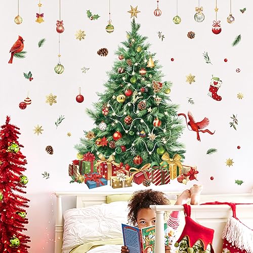 Miniatura 4 de decalmile Calcomanías de pared grandes para ventana de árbol de Navidad, acuarela de hoja perenne, árbol de Navidad, calcomanías de pared de conos