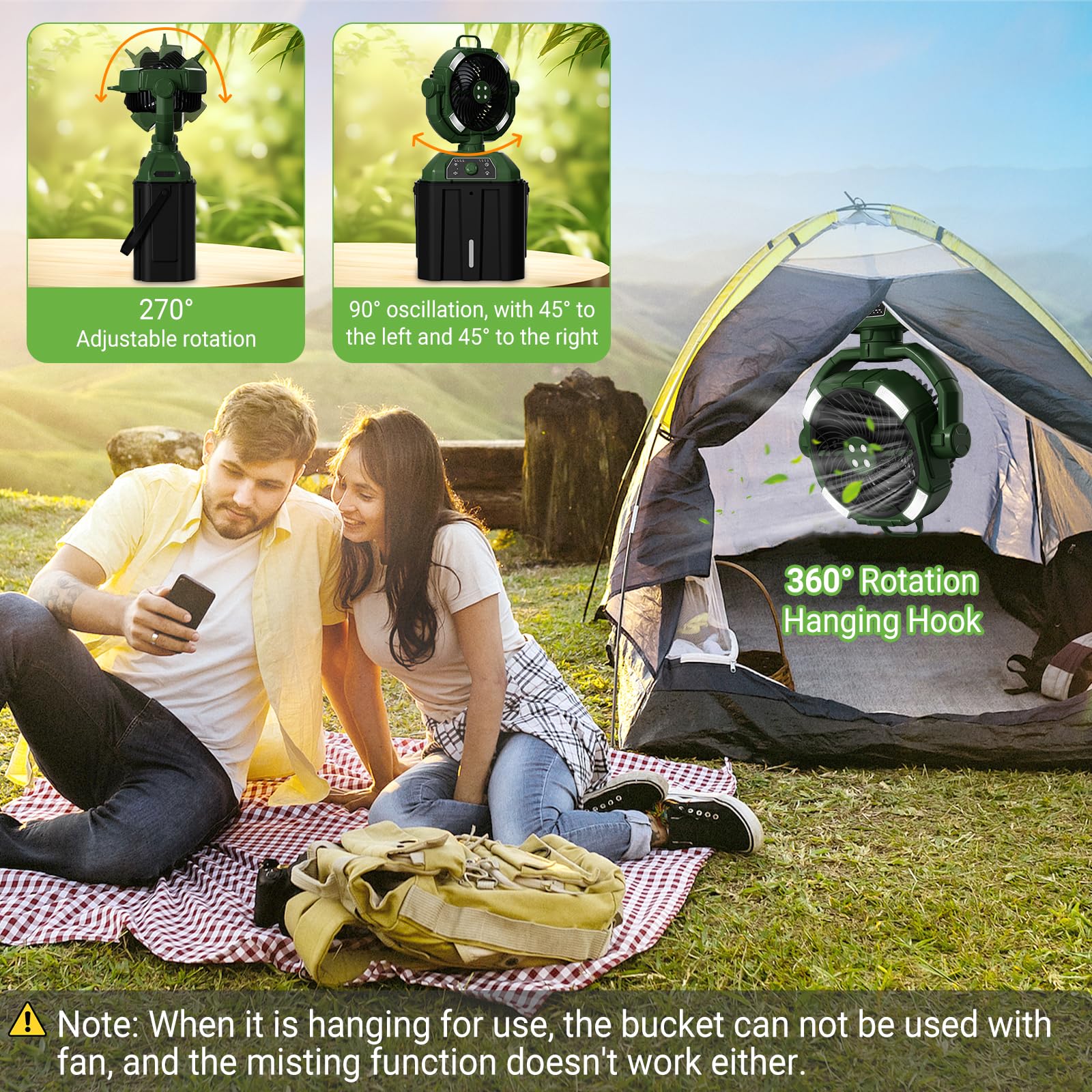 Ventilador de camping con cubo 6L y LED, 20000mAh Battery Portable Misting Fan, 3 modos de nebulización, oscilación vertical 45°, ventilador de nebulización para acampar/pesca/viaje, verde