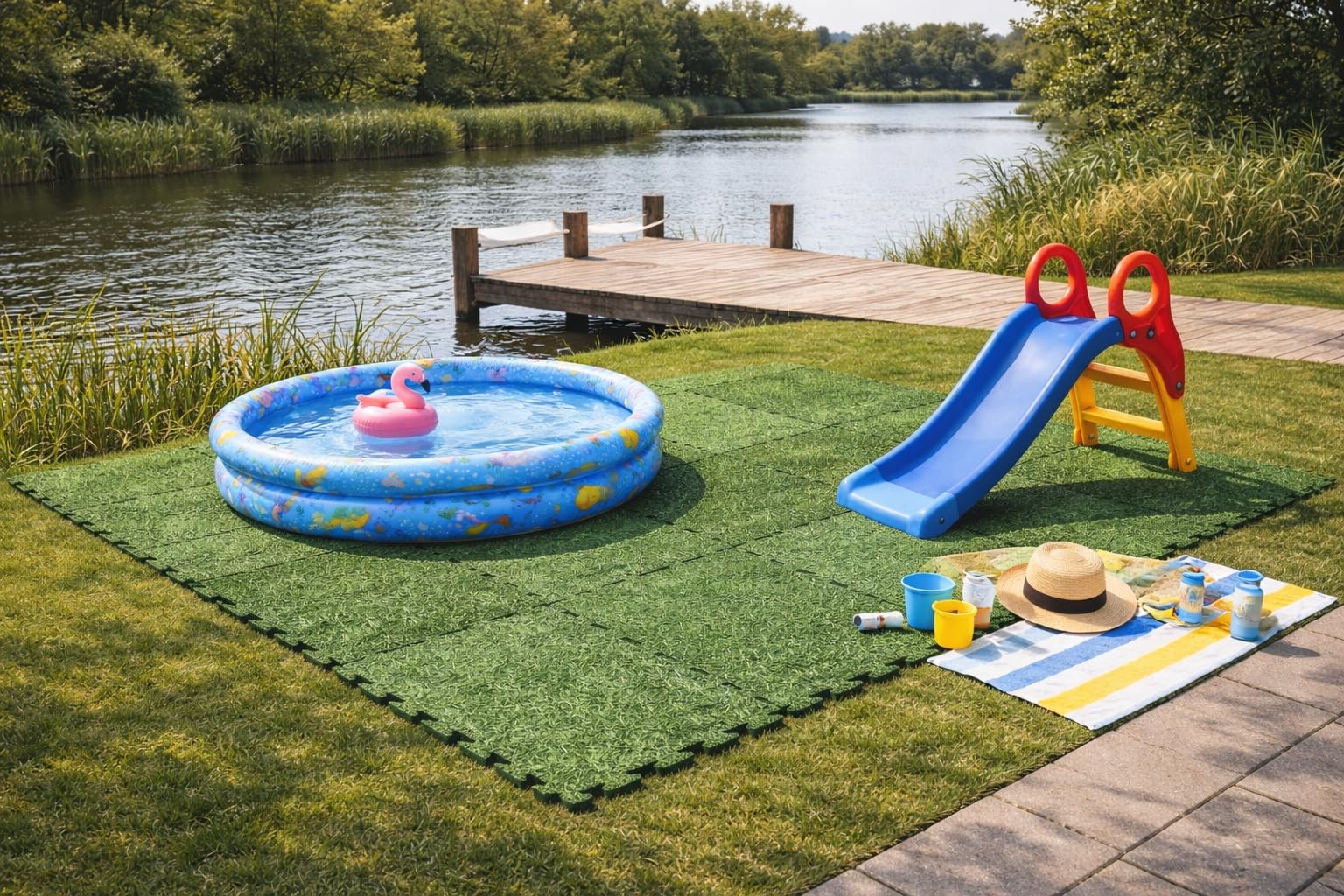 Baldosas de Foam para Piscina 50 x 50 cm – Set de 8 Piezas Tipo Puzzle – Base Exterior Extra Gruesa y Suave para Piscina, Piscina Infantil, Zona de Juegos & terraza – Efecto césped