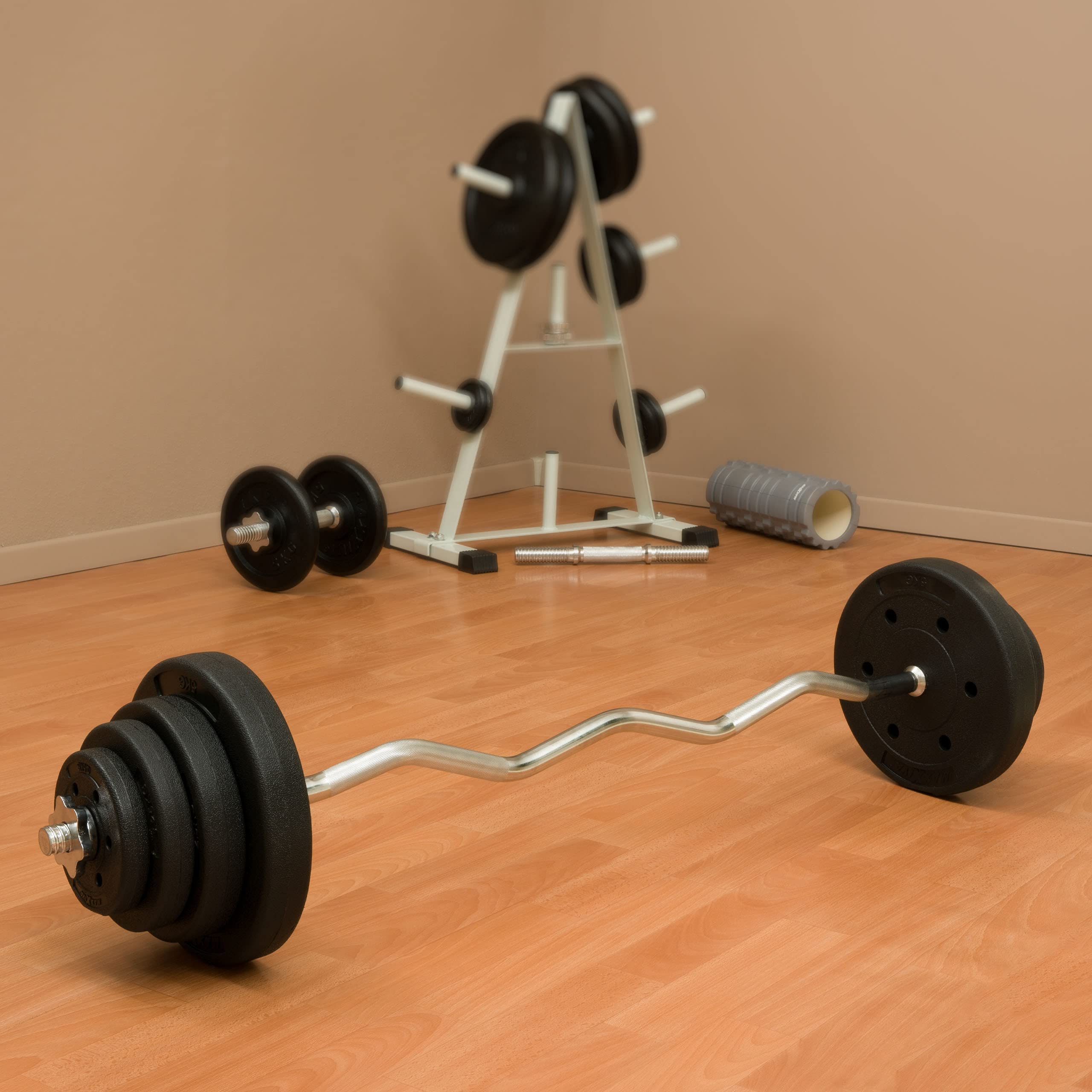 Curl-Set 120 cm 24 kg 8 Gewichte Krafttraining Zugstange silber verchromt Bodybuilding Fitness Schraubverschlüsse Gewichtheben Sternverschlüsse