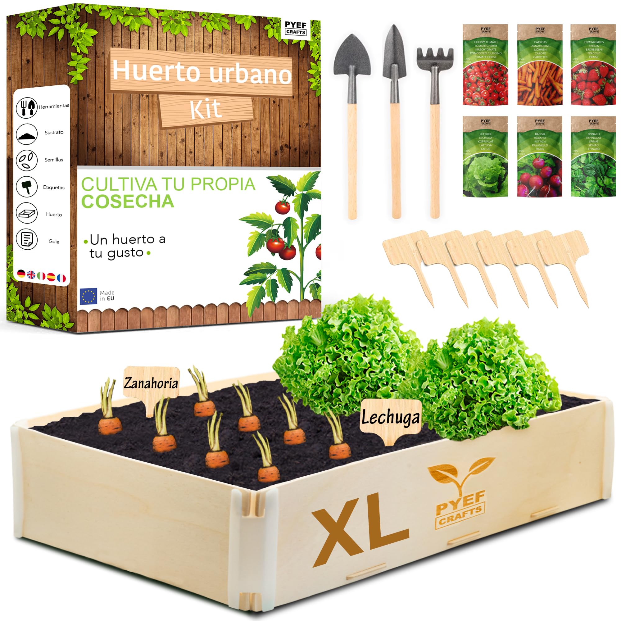 PYEF CRAFTS Kit Cultivo XL Huerto Urbano Huerta en Terraza & Kit Autocultivo en Casa - Mini Huerto en Casa Ecológico con 6 Tipos de Semillas
