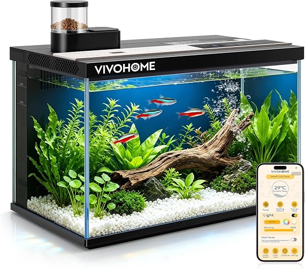 VIVOHOME Akwarium Szklane 30L Sterowane Aplikacją | Inteligentne, Kompletny Zestaw